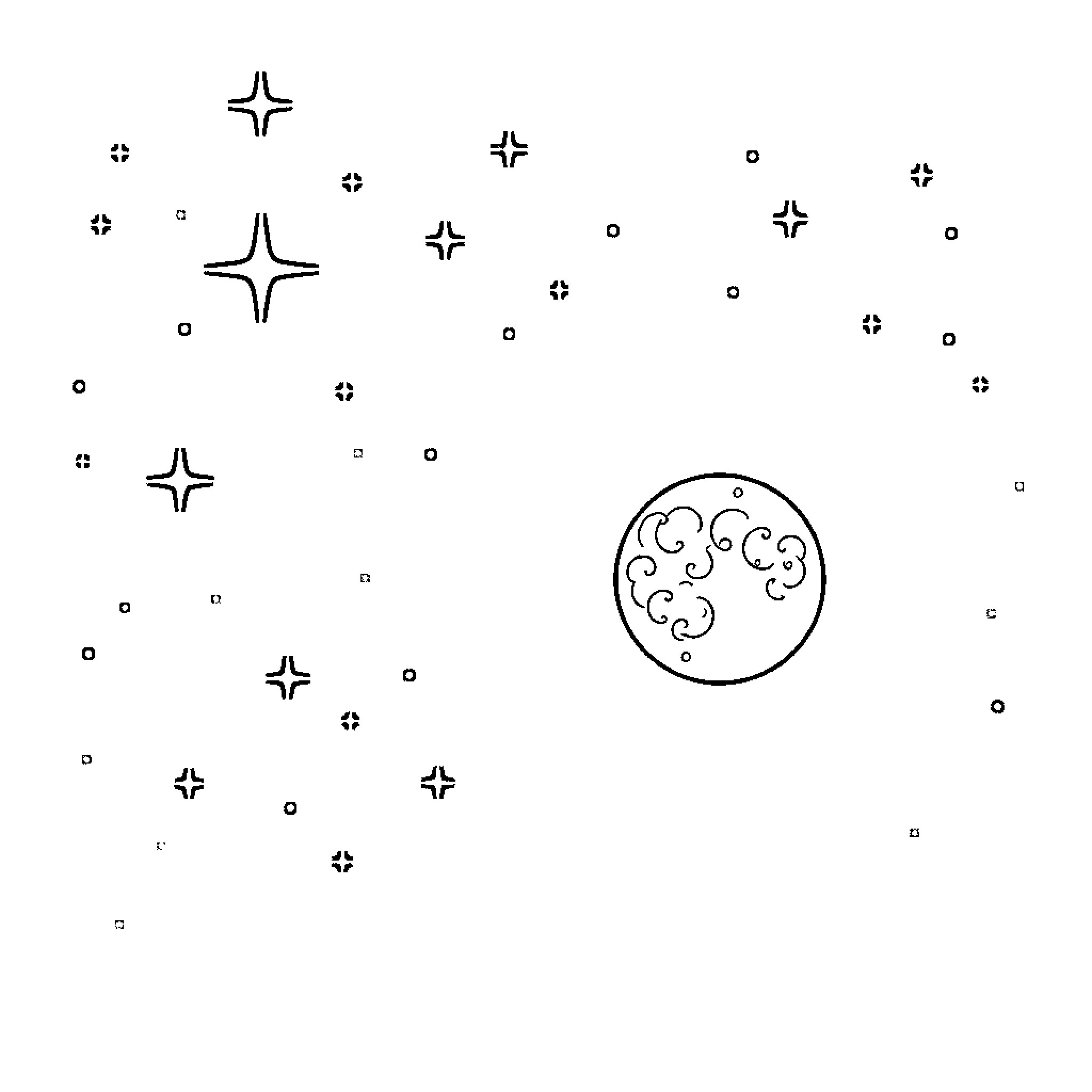 Star-shaped celestial objects in a cosmic scene Coloring Page (free black-and-white line drawing printable PDF for all, from beginners to advanced learners, including children, teens, adults, and seniors)