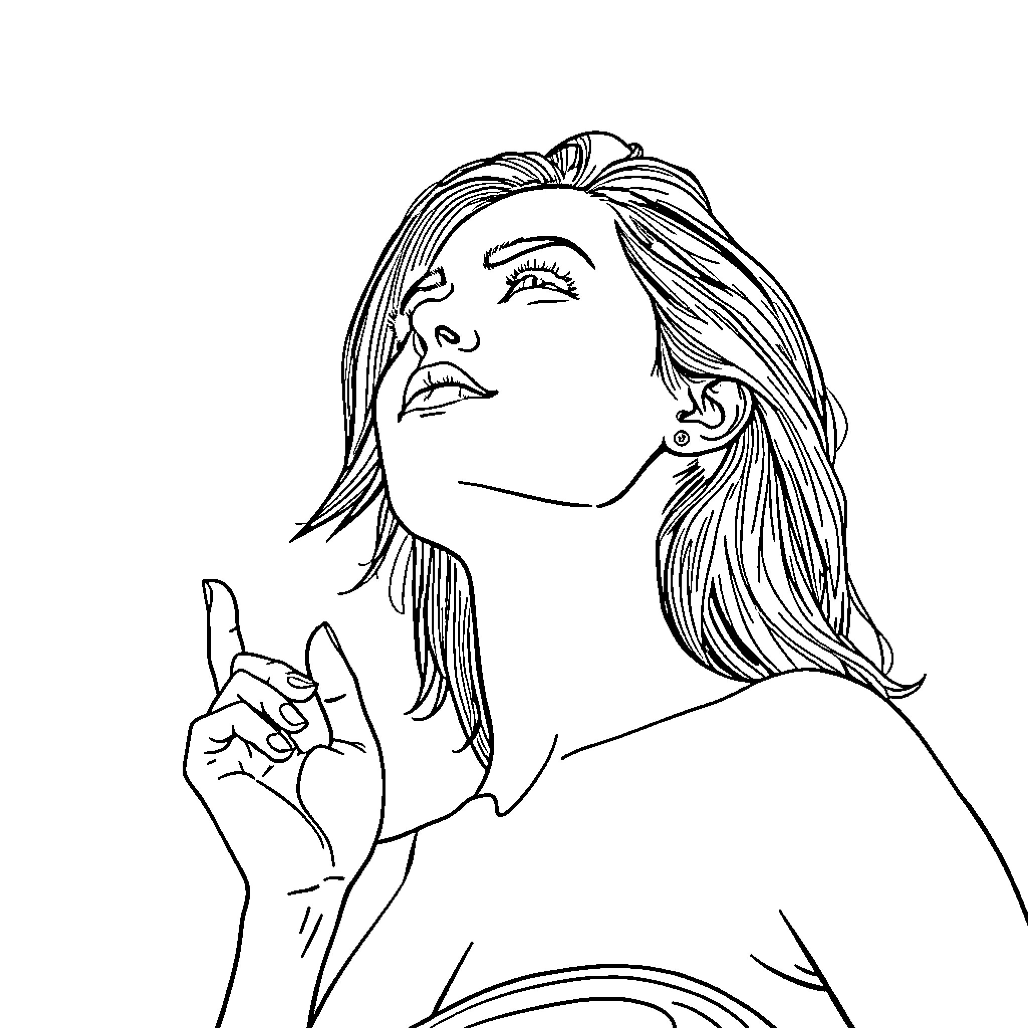 Woman expressing thoughtfulness and contemplation Coloring Page (free black-and-white line drawing printable PDF for all, from beginners to advanced learners, including children, teens, adults, and seniors)