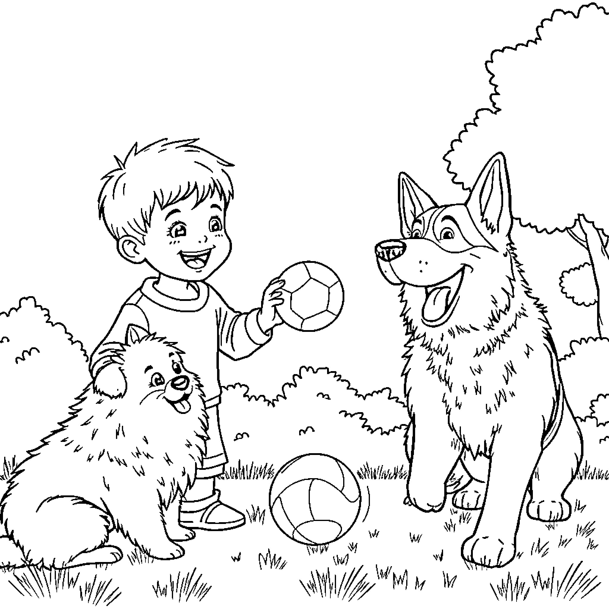 Boy playing joyfully with dogs in the park Coloring Page (free black-and-white line drawing printable PDF for all, from beginners to advanced learners, including children, teens, adults, and seniors)