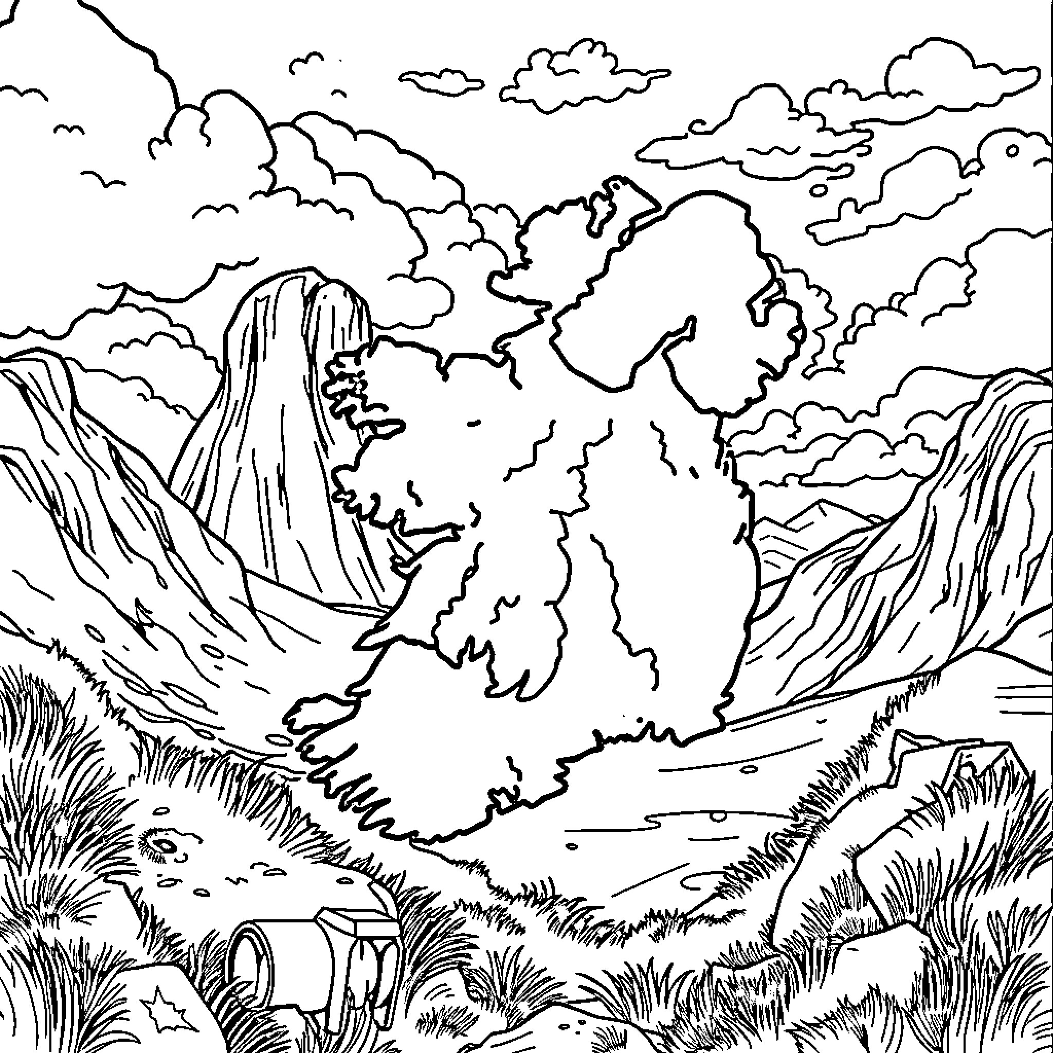 Ireland's Rugged Mountainous Landscape Coloring Page (free black-and-white line drawing printable PDF for all, from beginners to advanced learners, including children, teens, adults, and seniors)