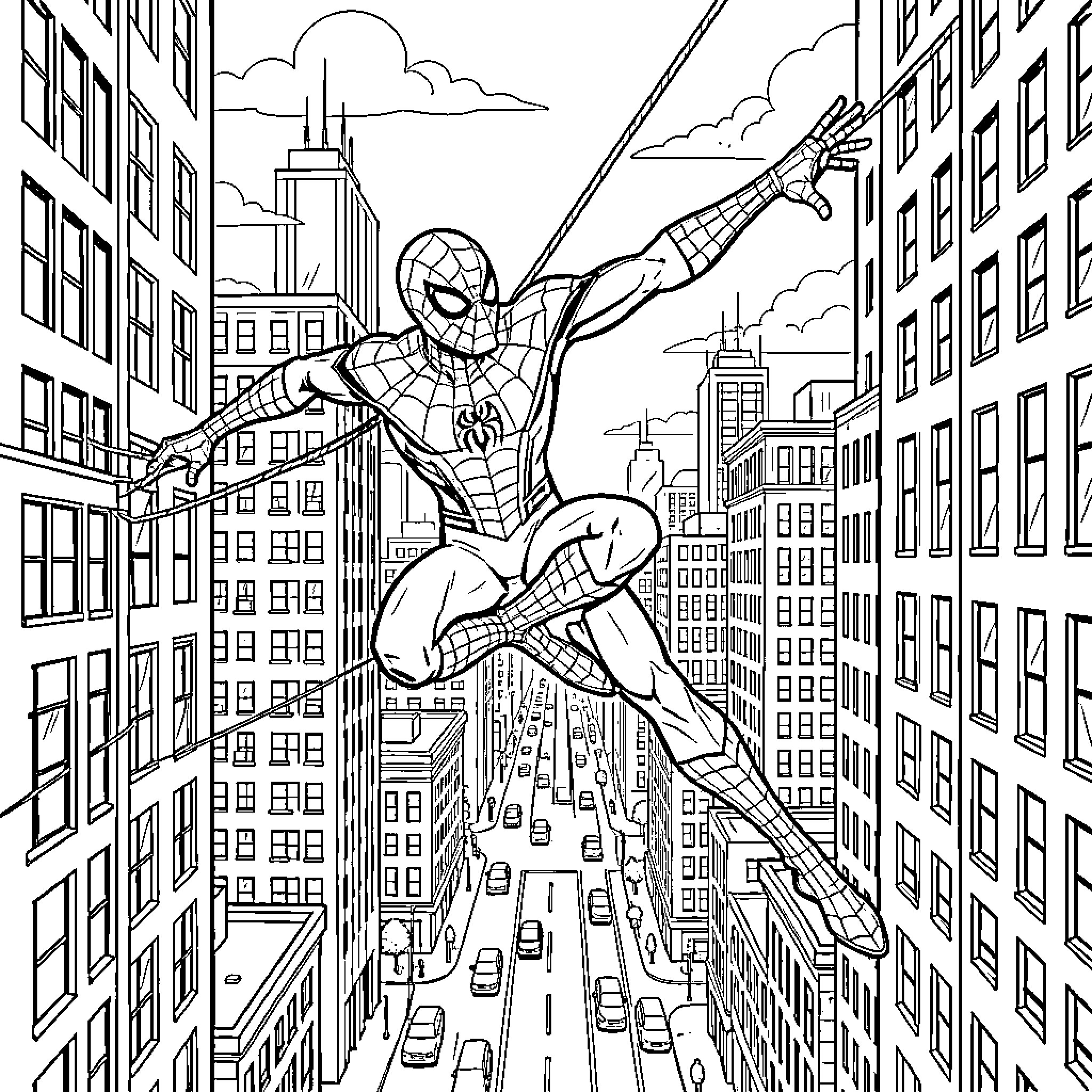 Spiderman swinging through tall city buildings Coloring Page (free black-and-white line drawing printable PDF for all, from beginners to advanced learners, including children, teens, adults, and seniors)