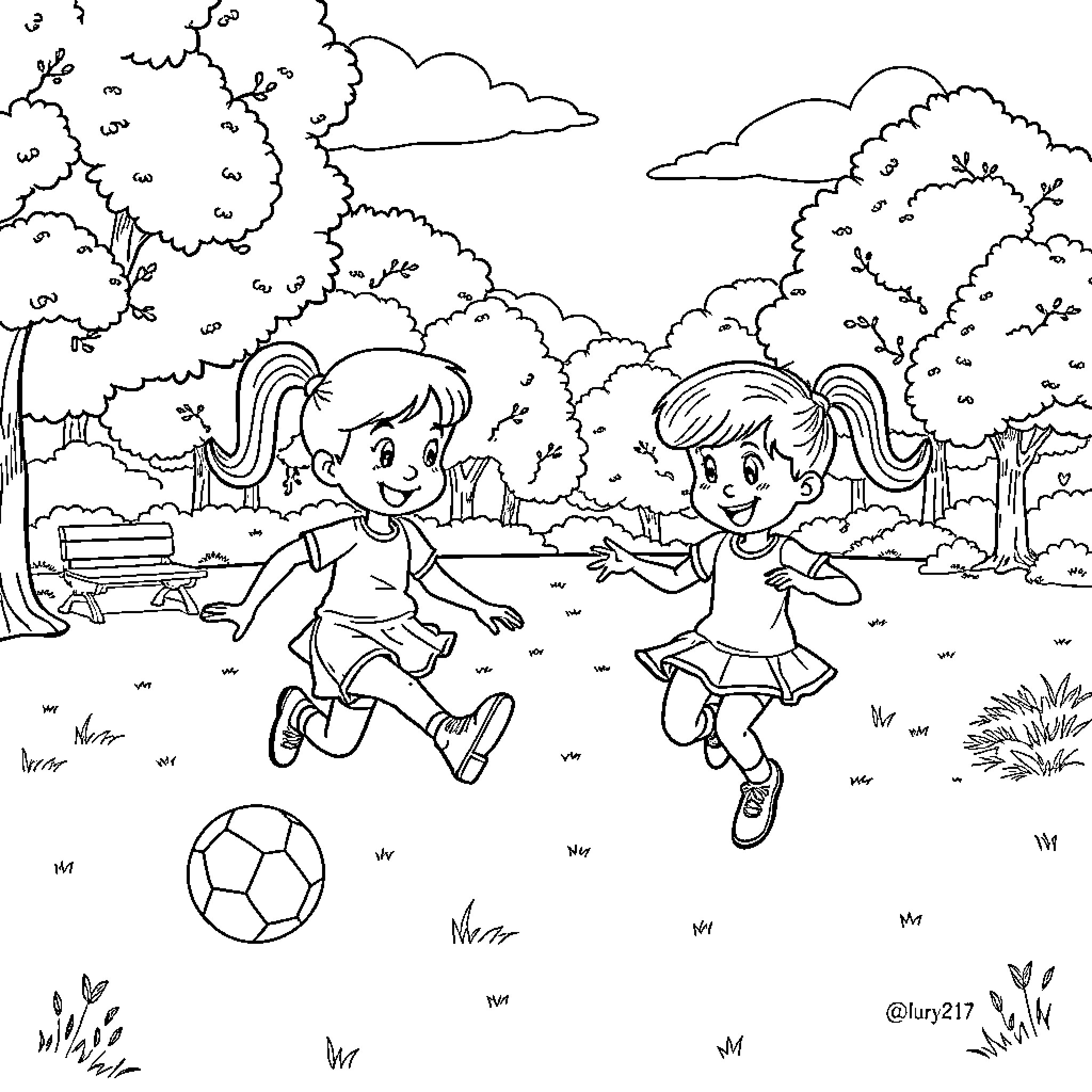 Bluey playing with a friend in a park Coloring Page (free black-and-white line drawing printable PDF for all, from beginners to advanced learners, including children, teens, adults, and seniors)