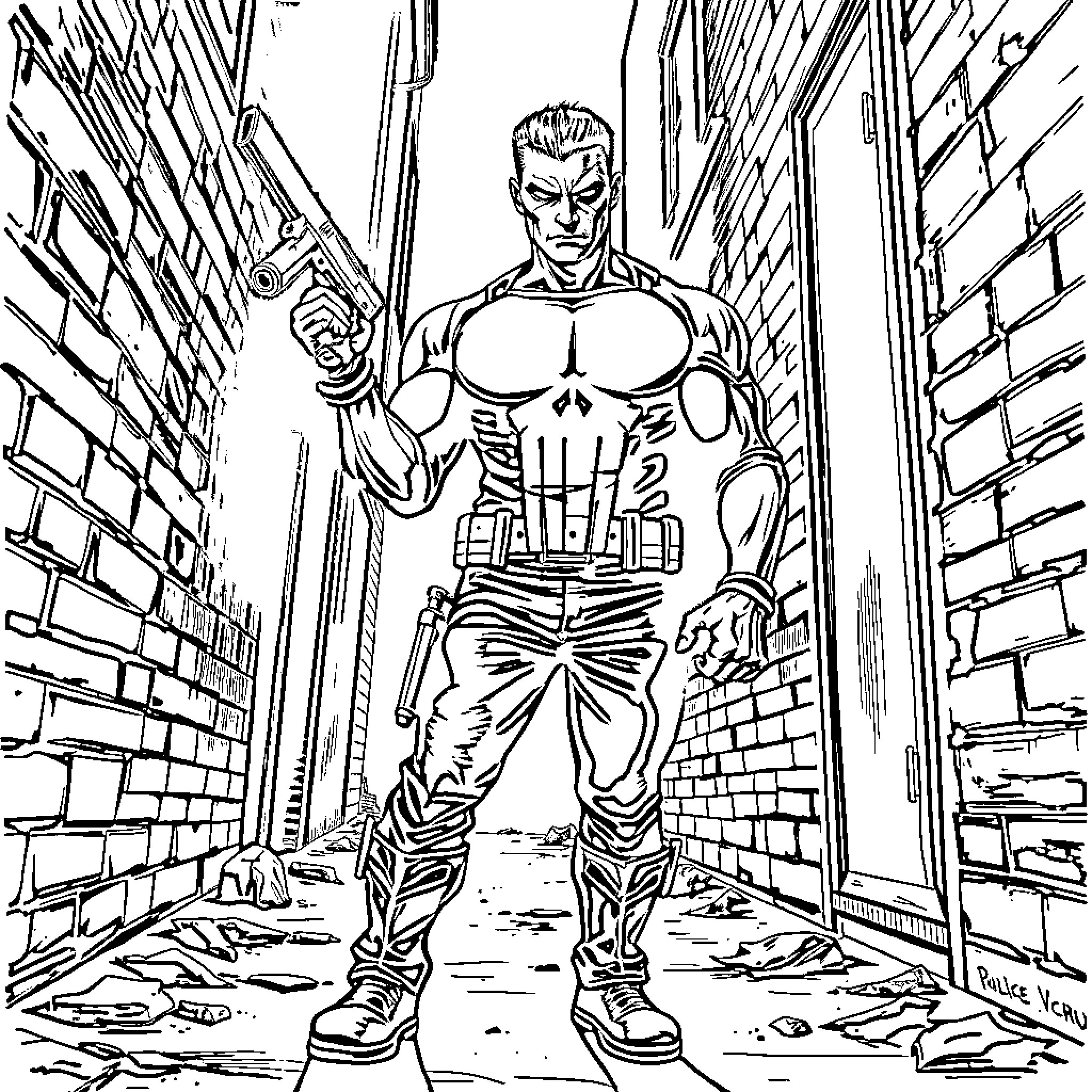 Punisher in action-packed urban setting Coloring Page (free black-and-white line drawing printable PDF for all, from beginners to advanced learners, including children, teens, adults, and seniors)