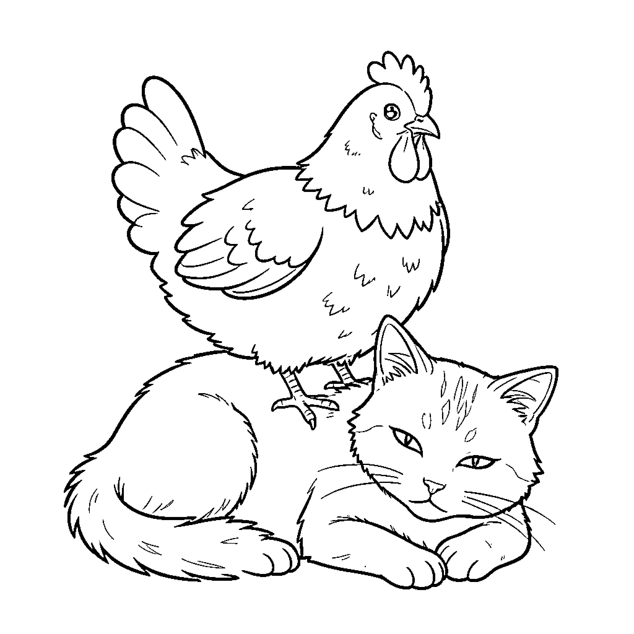 Chicken and Friendly Cat Coloring Page (free black-and-white line drawing printable PDF for all, from beginners to advanced learners, including children, teens, adults, and seniors)
