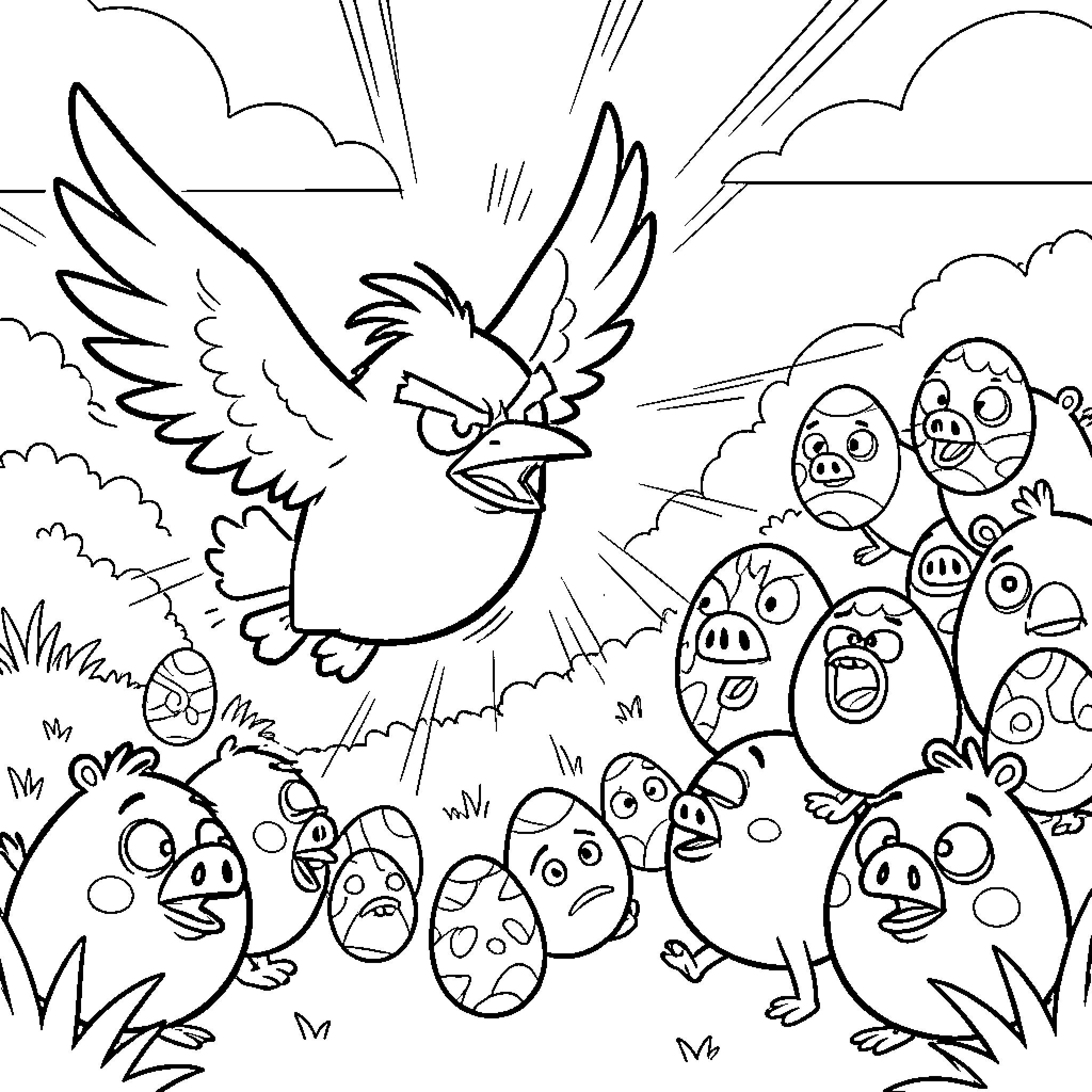 Angry Bird attacking a group of eggs Coloring Page (free black-and-white line drawing printable PDF for all, from beginners to advanced learners, including children, teens, adults, and seniors)