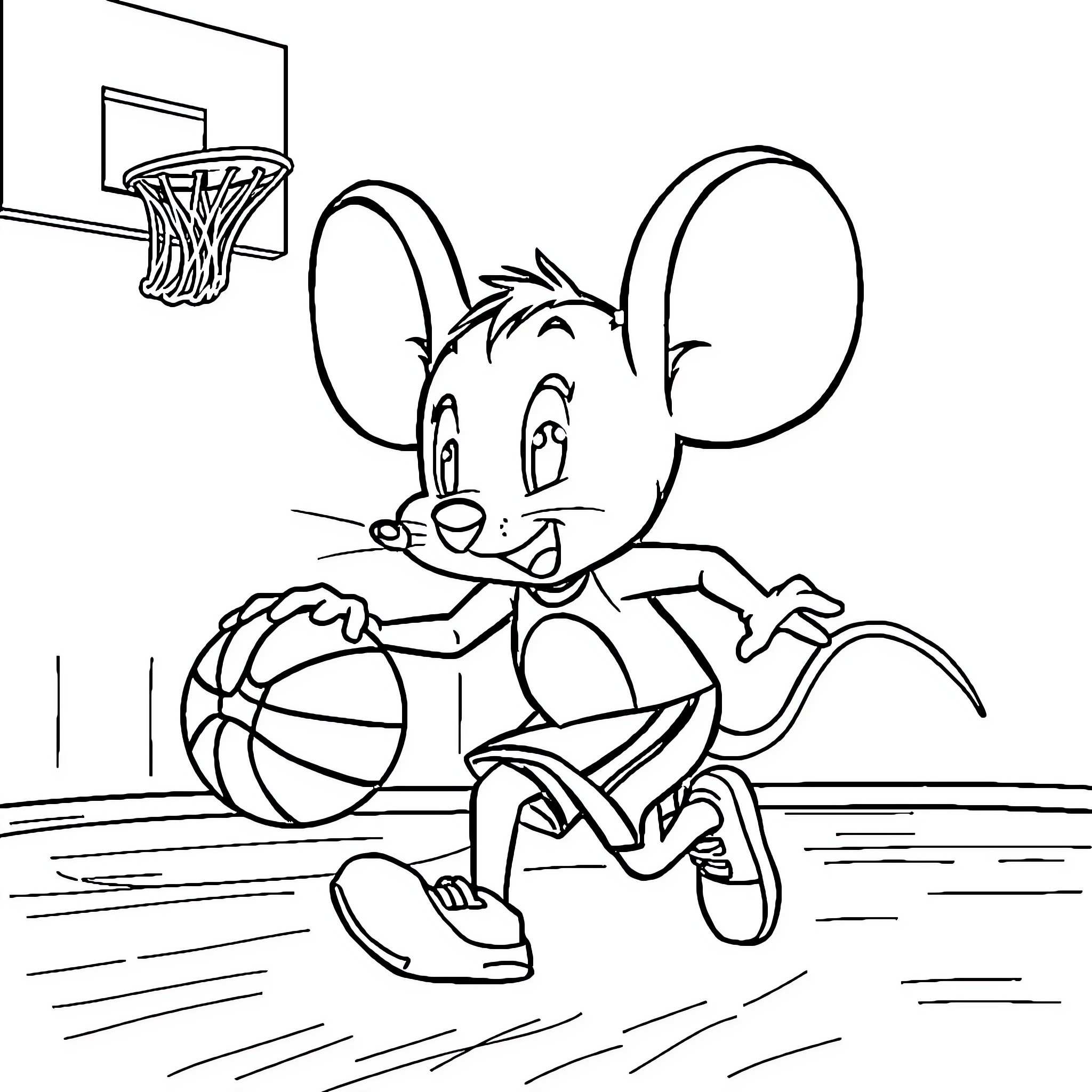 Minnie Mouse playing basketball excitedly Coloring Page (free black-and-white line drawing printable PDF for all, from beginners to advanced learners, including children, teens, adults, and seniors)