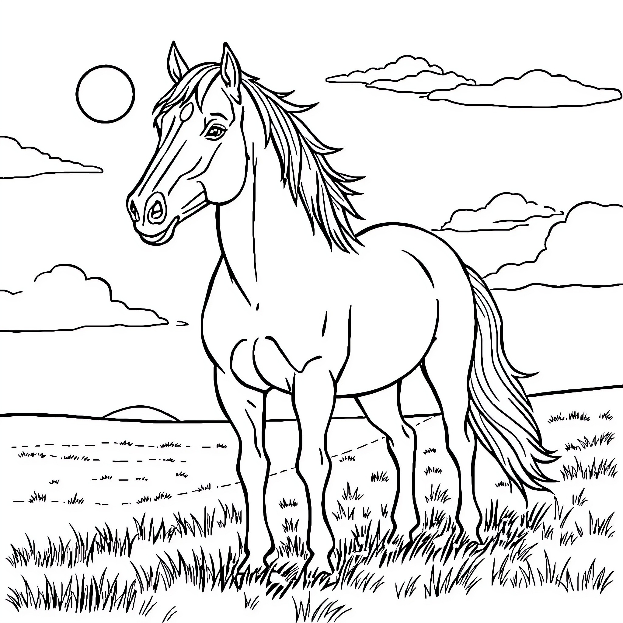 Horse standing majestically in a tranquil landscape Coloring Page (free black-and-white line drawing printable PDF for all, from beginners to advanced learners, including children, teens, adults, and seniors)