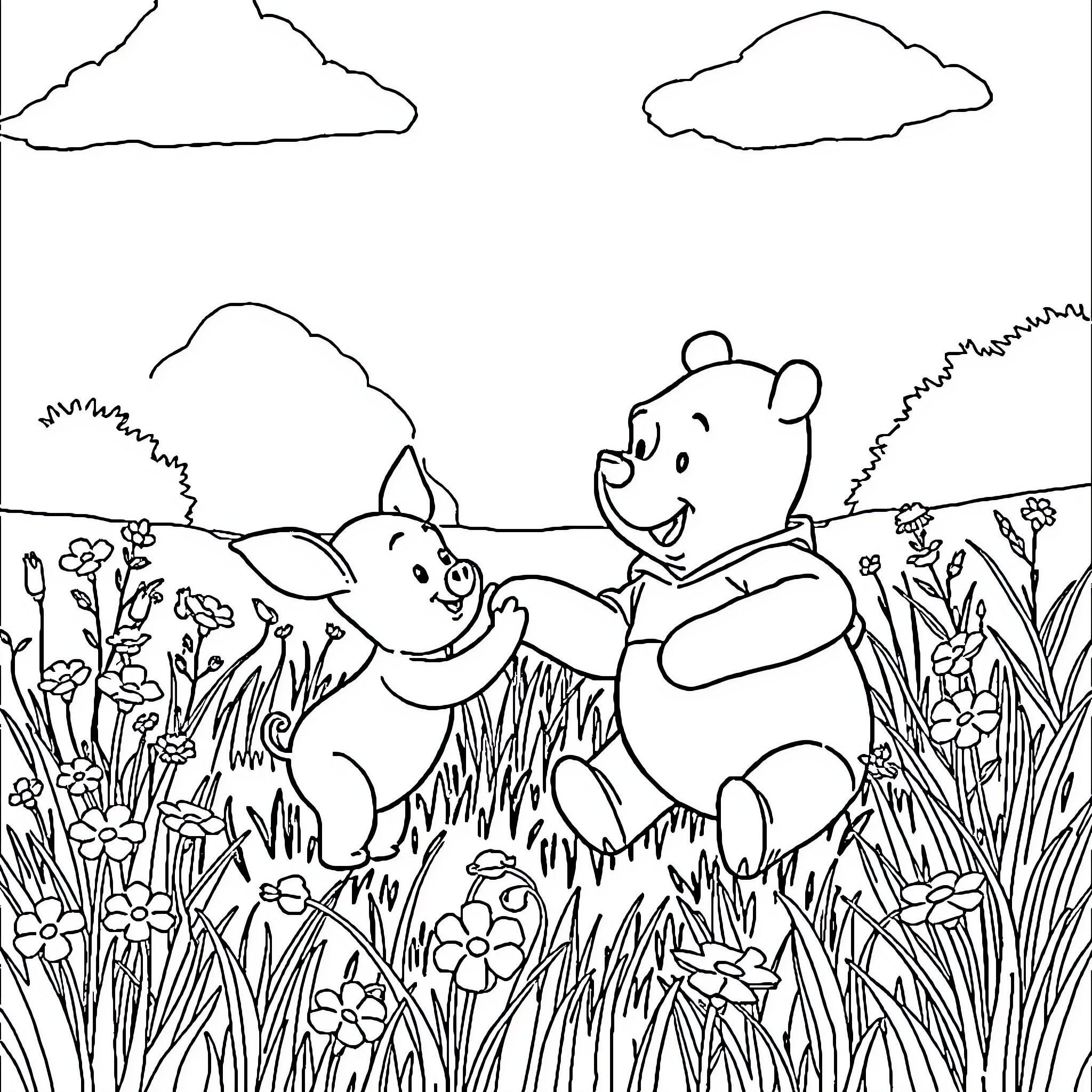 Winnie The Pooh and Piglet playing happily in the meadow Coloring Page (free black-and-white line drawing printable PDF for all, from beginners to advanced learners, including children, teens, adults, and seniors)
