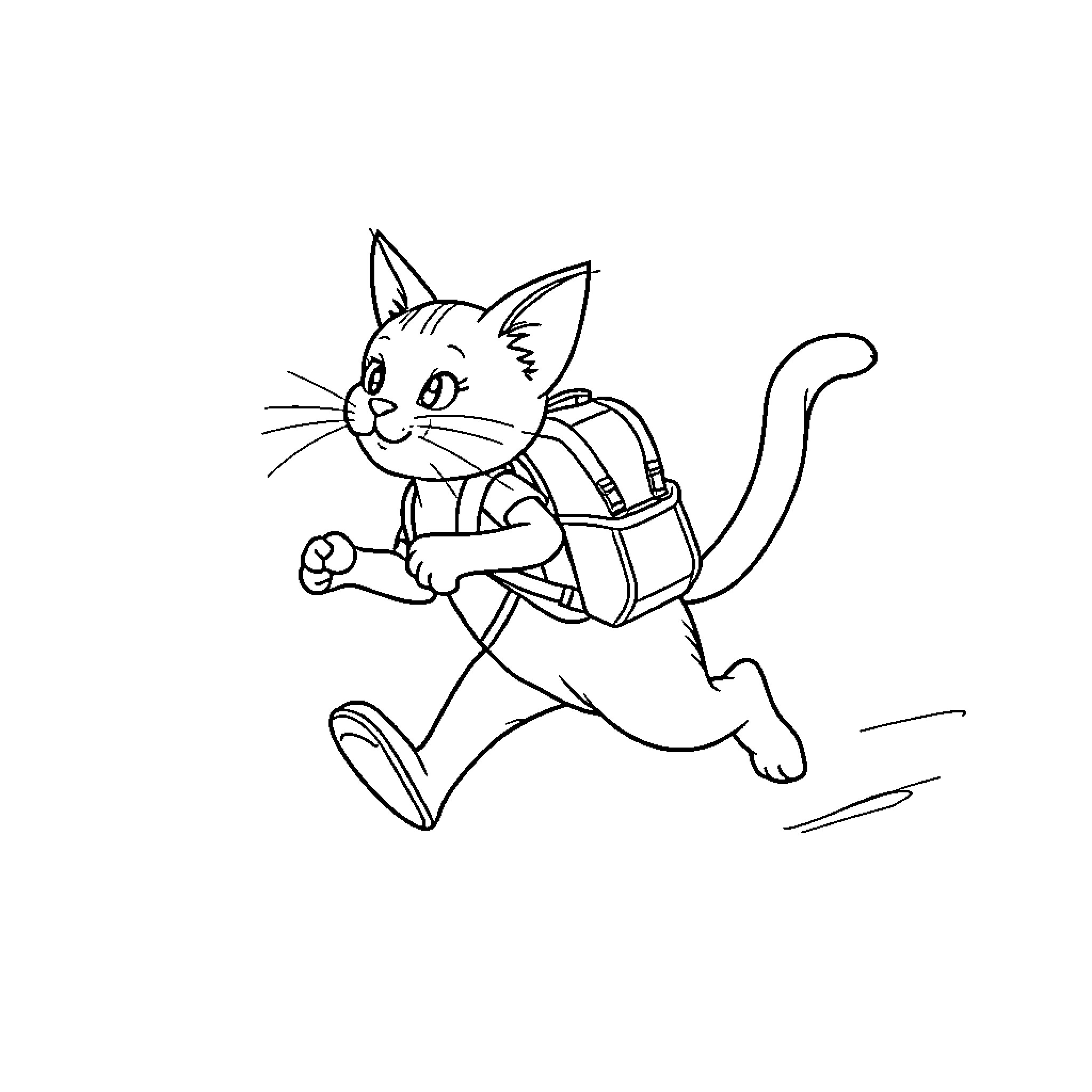 Cat traveling with backpack Coloring Page (free black-and-white line drawing printable PDF for all, from beginners to advanced learners, including children, teens, adults, and seniors)