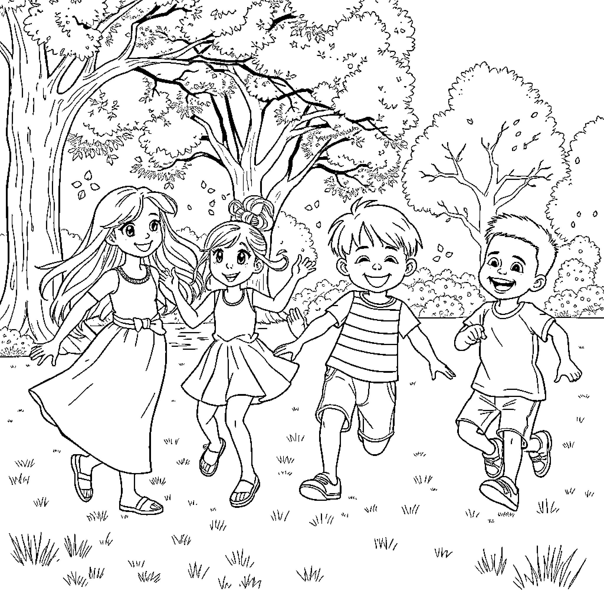Kid friends playing joyfully in the park Coloring Page (free black-and-white line drawing printable PDF for all, from beginners to advanced learners, including children, teens, adults, and seniors)