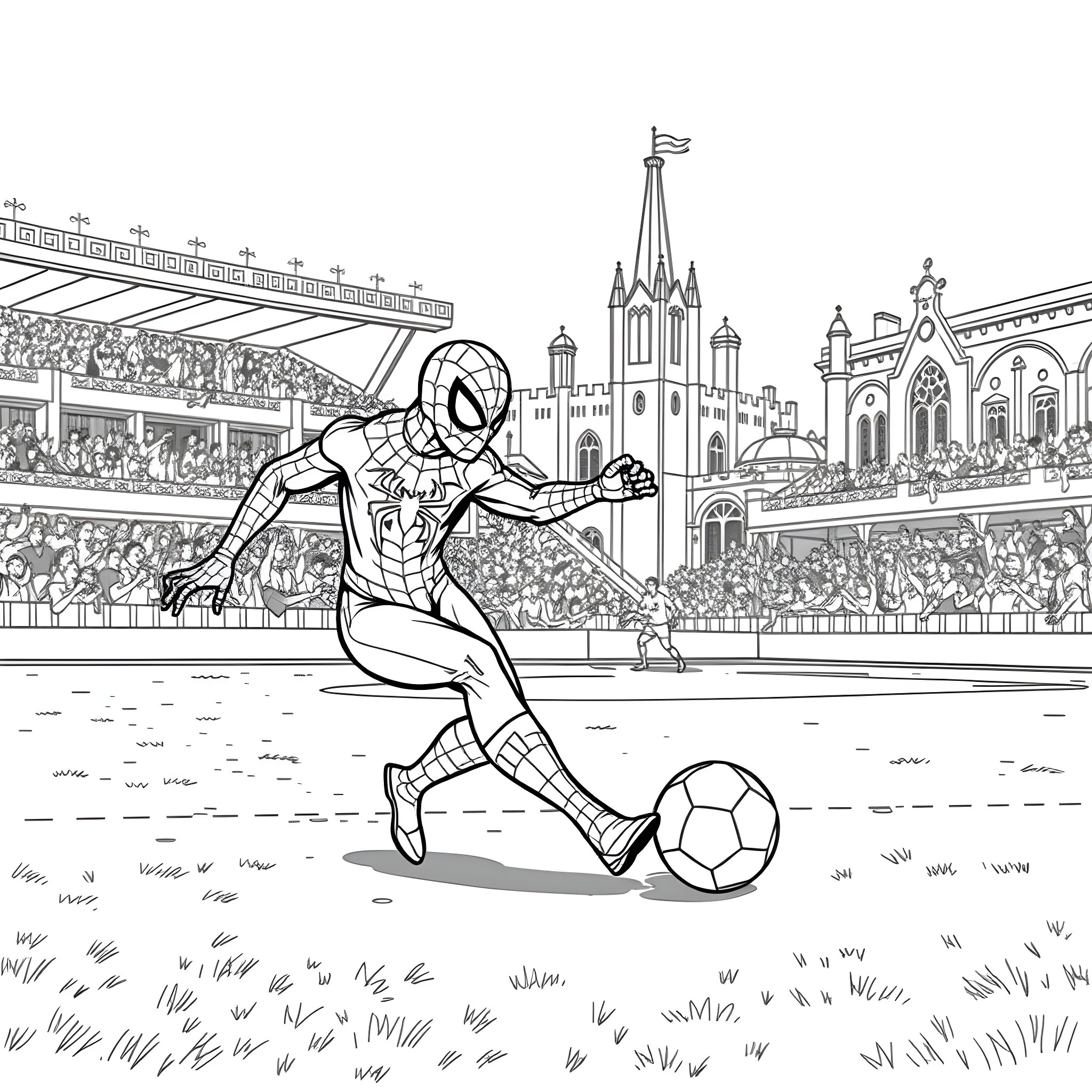 Spiderman playing soccer in a stadium Coloring Page (free black-and-white line drawing printable PDF for all, from beginners to advanced learners, including children, teens, adults, and seniors)
