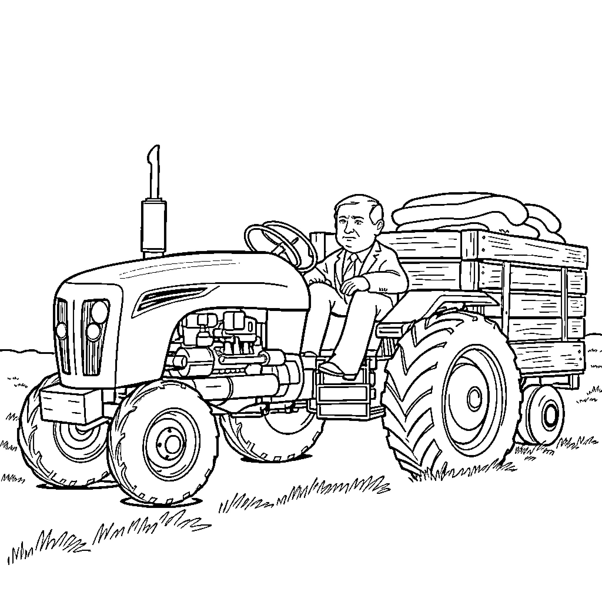 Tractor driver operating farm machinery on field Coloring Page (free black-and-white line drawing printable PDF for all, from beginners to advanced learners, including children, teens, adults, and seniors)