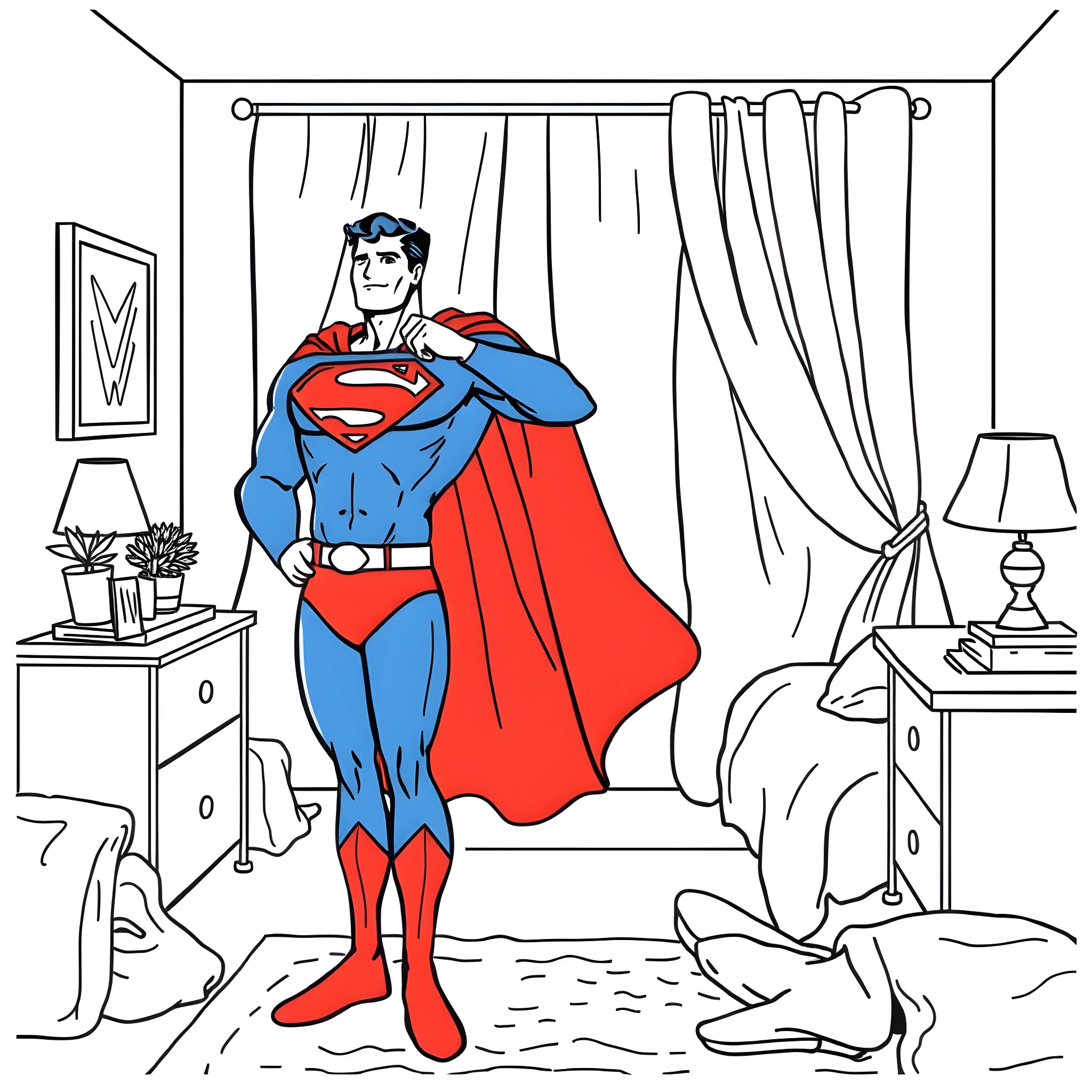 Superman standing heroically in a bedroom Coloring Page (free black-and-white line drawing printable PDF for all, from beginners to advanced learners, including children, teens, adults, and seniors)