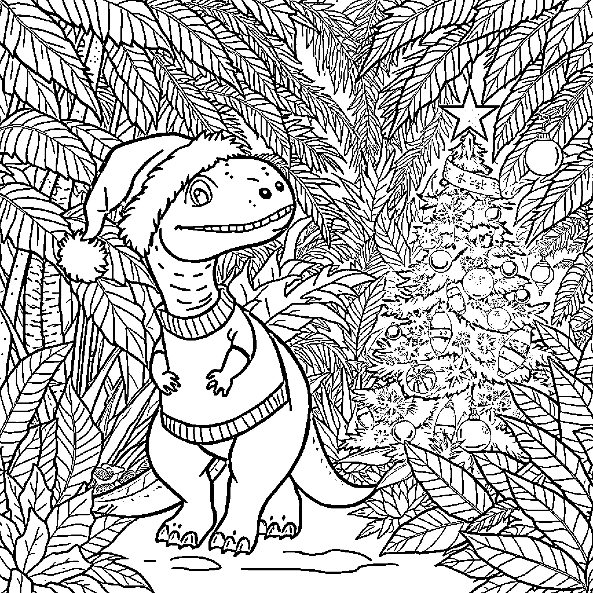 Dinosaur Wearing Santa Hat in Festive Jungle Coloring Page (free black-and-white line drawing printable PDF for all, from beginners to advanced learners, including children, teens, adults, and seniors)