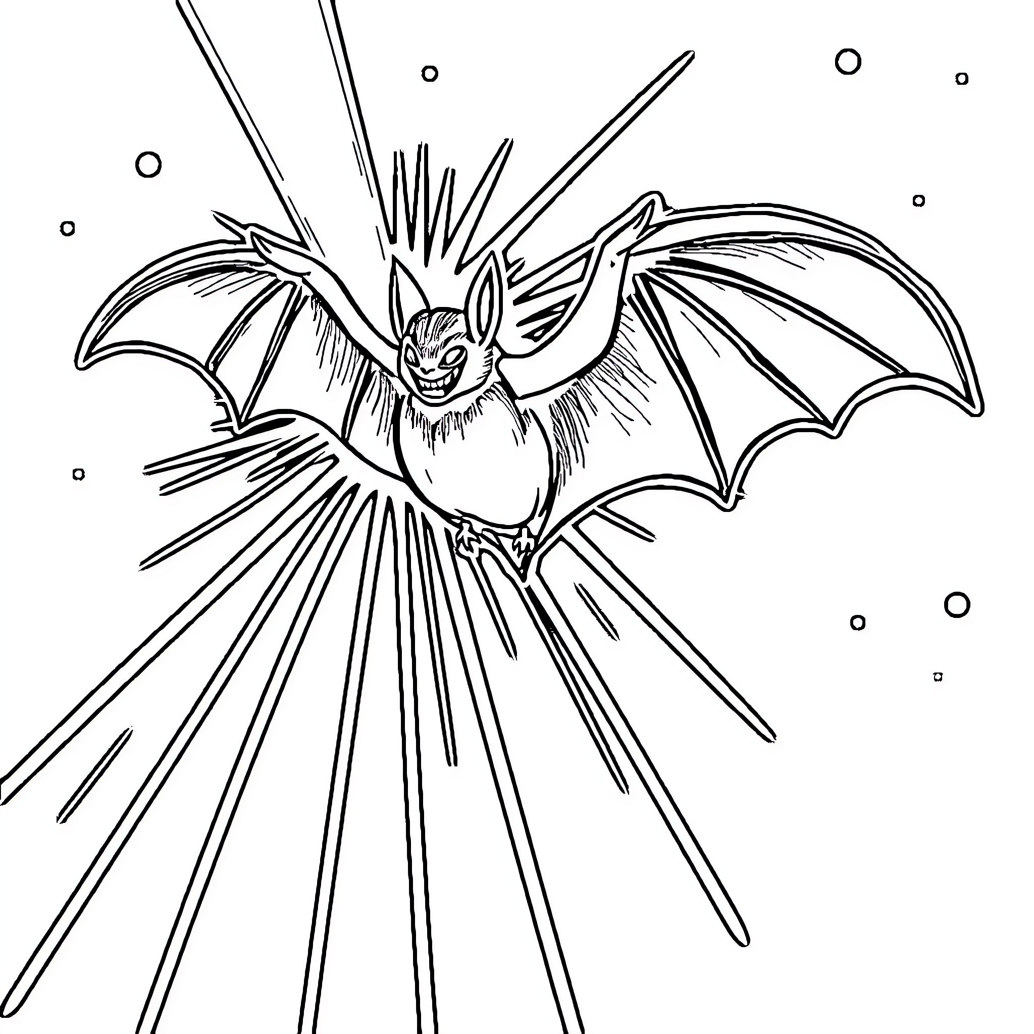 Bat spreading its wings in flight Coloring Page (free black-and-white line drawing printable PDF for all, from beginners to advanced learners, including children, teens, adults, and seniors)