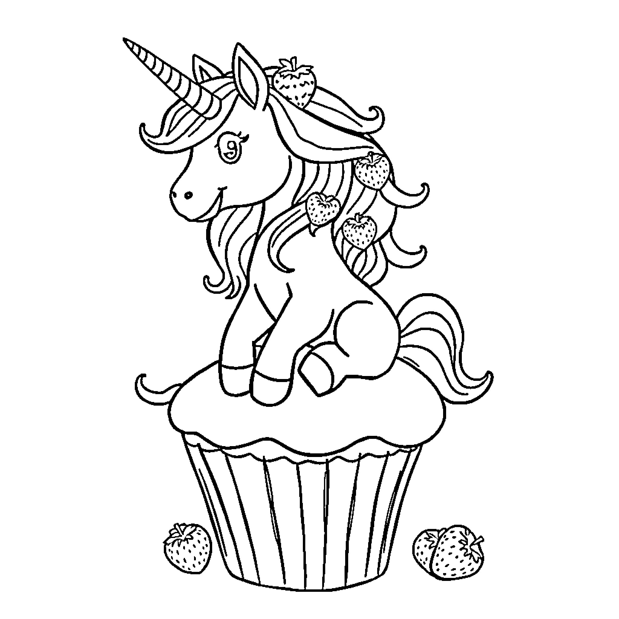 Unicorn cupcake with strawberry decorations Coloring Page (free black-and-white line drawing printable PDF for all, from beginners to advanced learners, including children, teens, adults, and seniors)