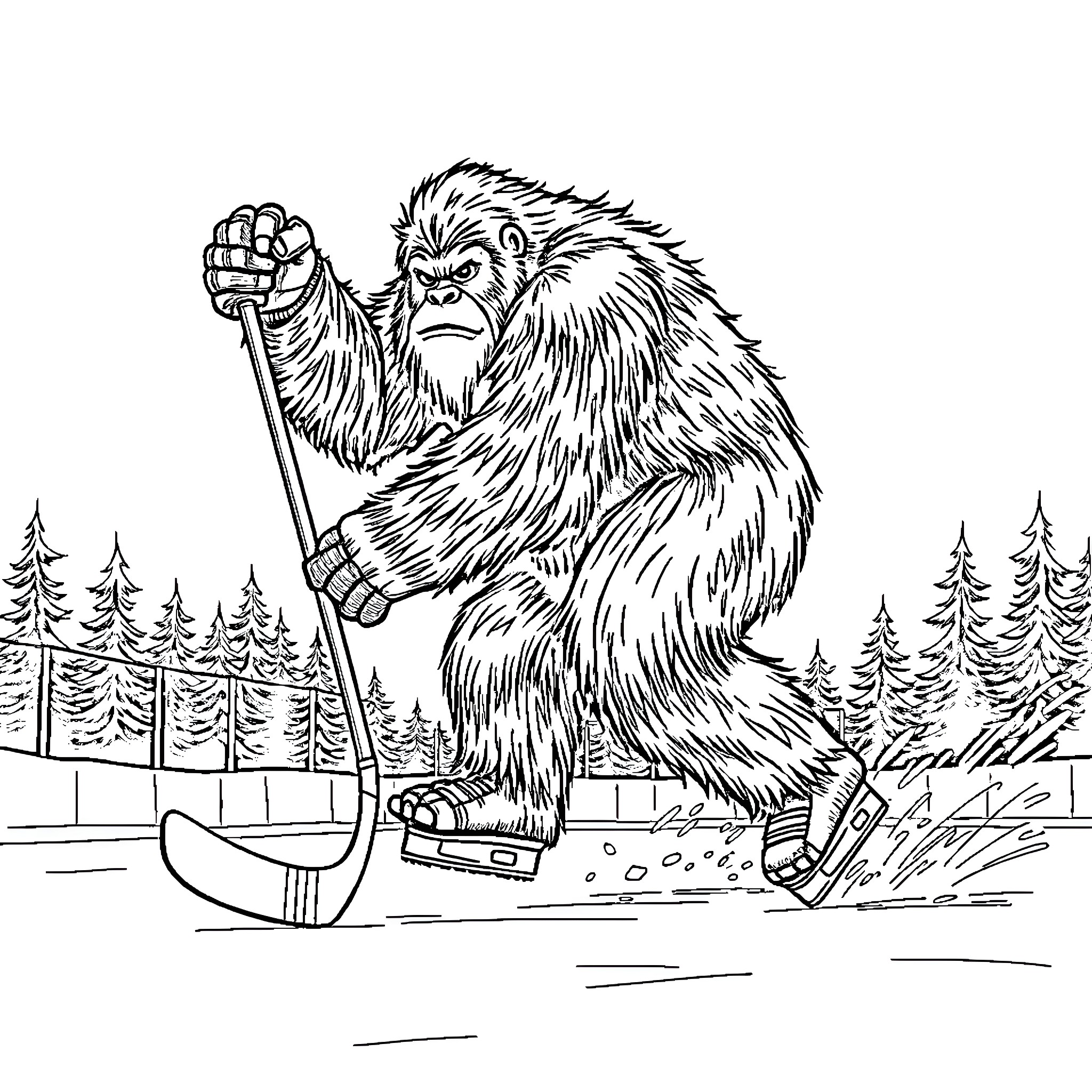Bigfoot shoveling snow in the forest Coloring Page (free black-and-white line drawing printable PDF for all, from beginners to advanced learners, including children, teens, adults, and seniors)
