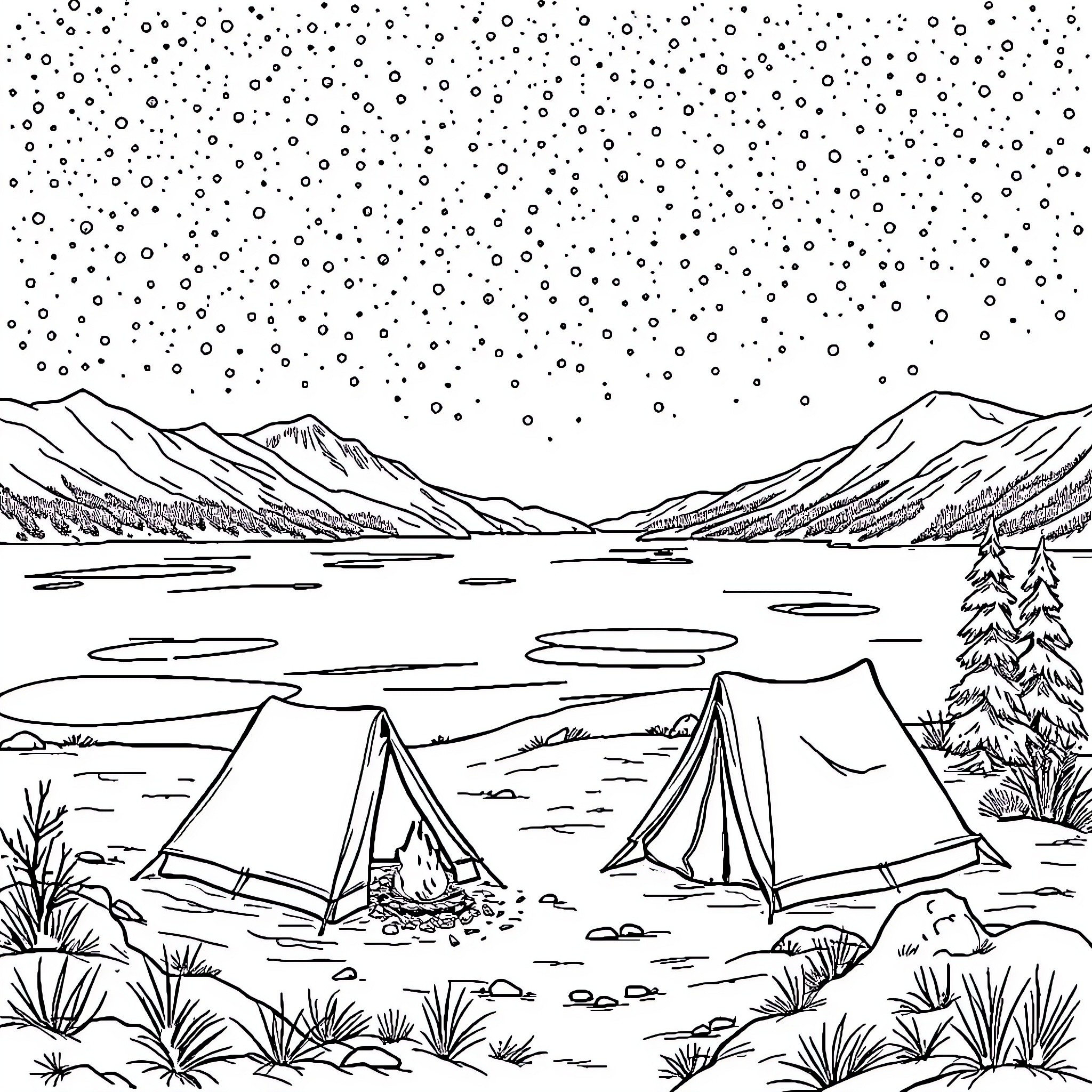 Camping under the starry night sky Coloring Page (free black-and-white line drawing printable PDF for all, from beginners to advanced learners, including children, teens, adults, and seniors)