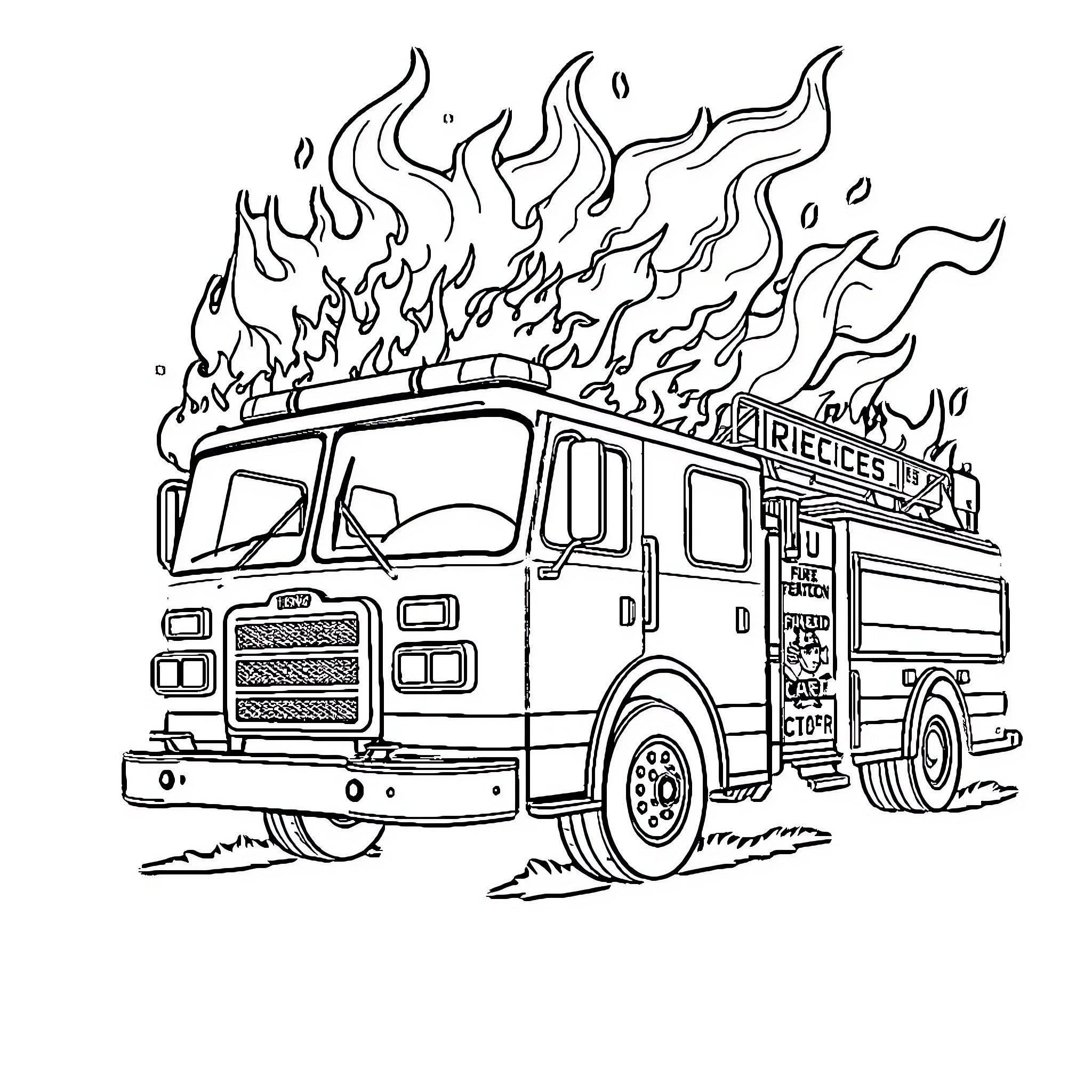 Fire Truck rushing to emergency with flames Coloring Page (free black-and-white line drawing printable PDF for all, from beginners to advanced learners, including children, teens, adults, and seniors)
