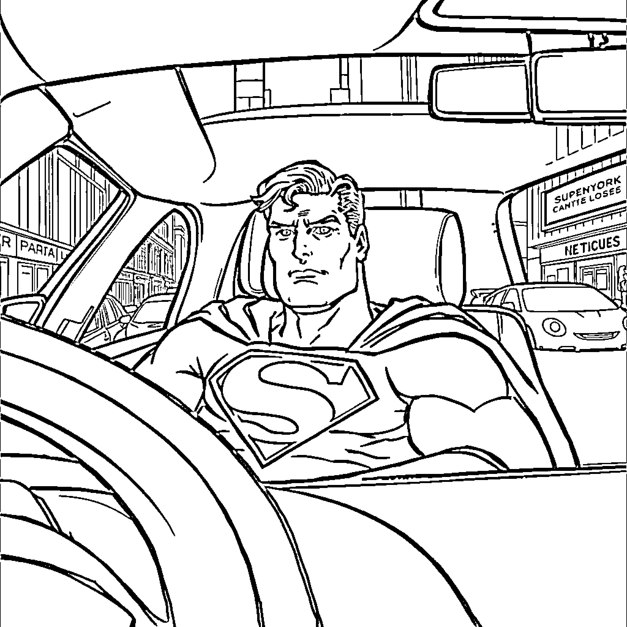Superman operating a vehicle in the city Coloring Page (free black-and-white line drawing printable PDF for all, from beginners to advanced learners, including children, teens, adults, and seniors)