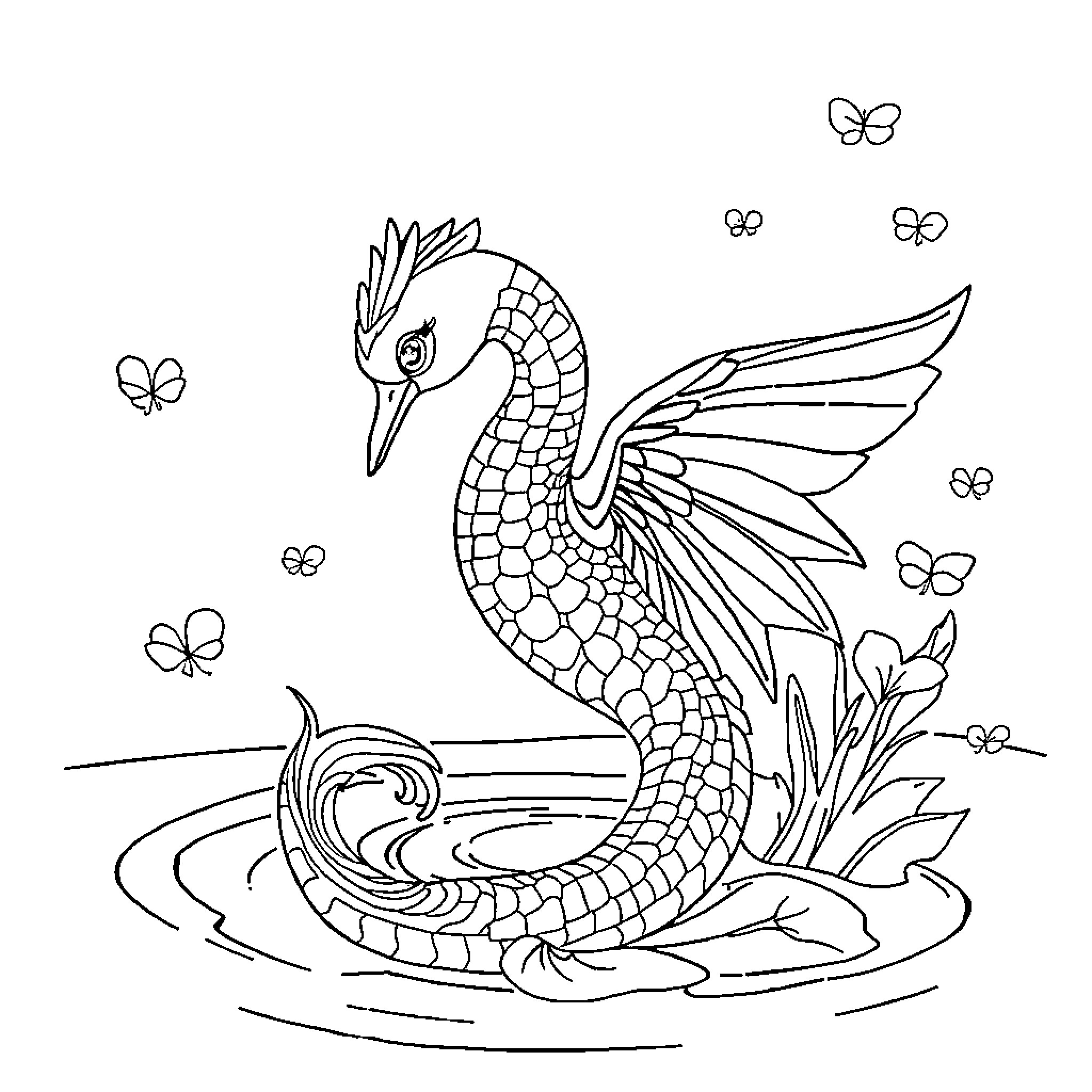 Mermaid swimming gracefully in pond with butterflies Coloring Page (free black-and-white line drawing printable PDF for all, from beginners to advanced learners, including children, teens, adults, and seniors)