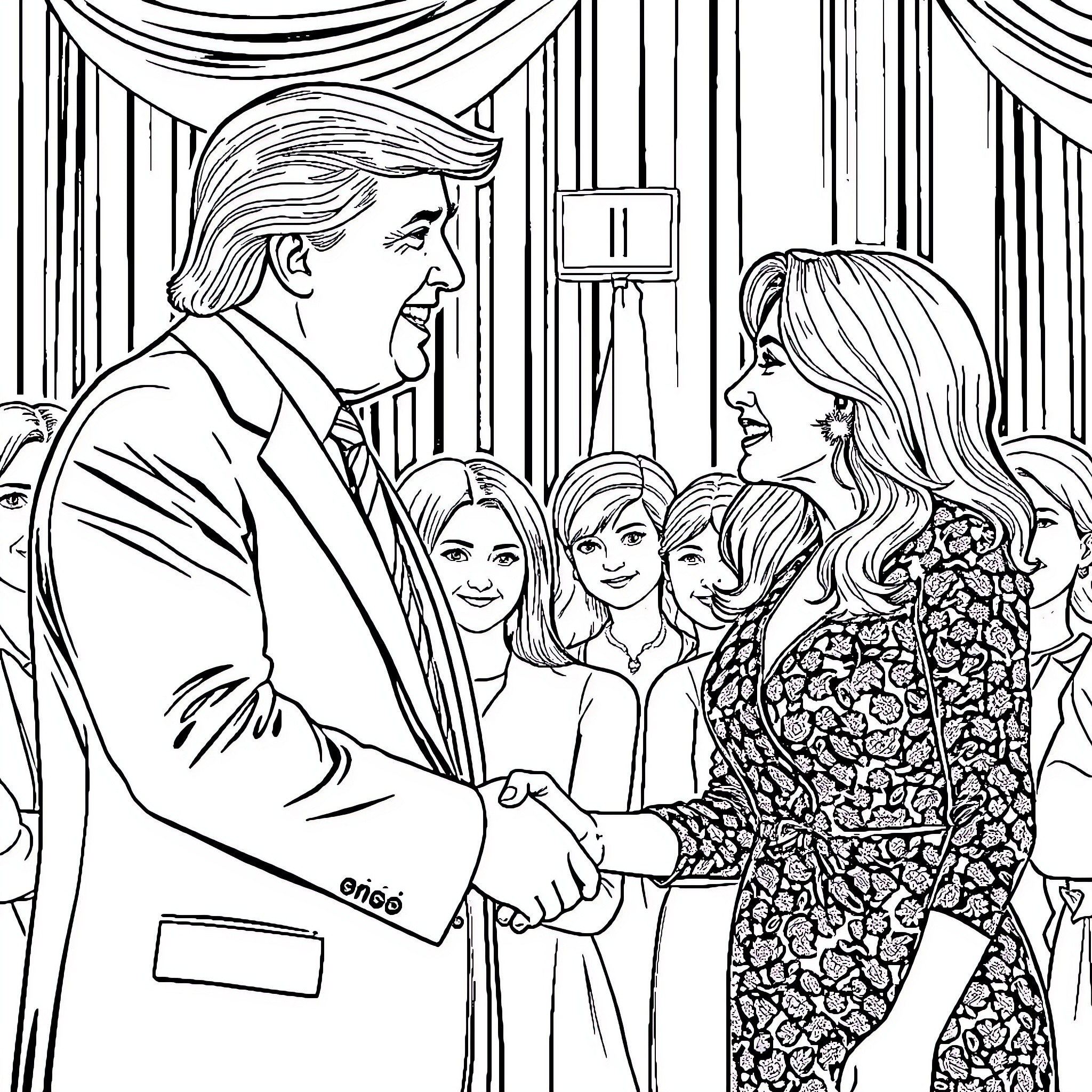 Ana de Armas meeting with political leader and supporters Coloring Page (free black-and-white line drawing printable PDF for all, from beginners to advanced learners, including children, teens, adults, and seniors)