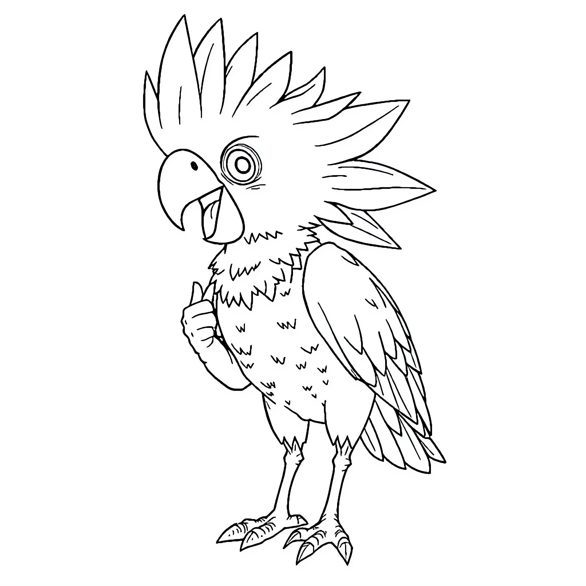 Cockatoo with comical expression Coloring Page (free black-and-white line drawing printable PDF for all, from beginners to advanced learners, including children, teens, adults, and seniors)