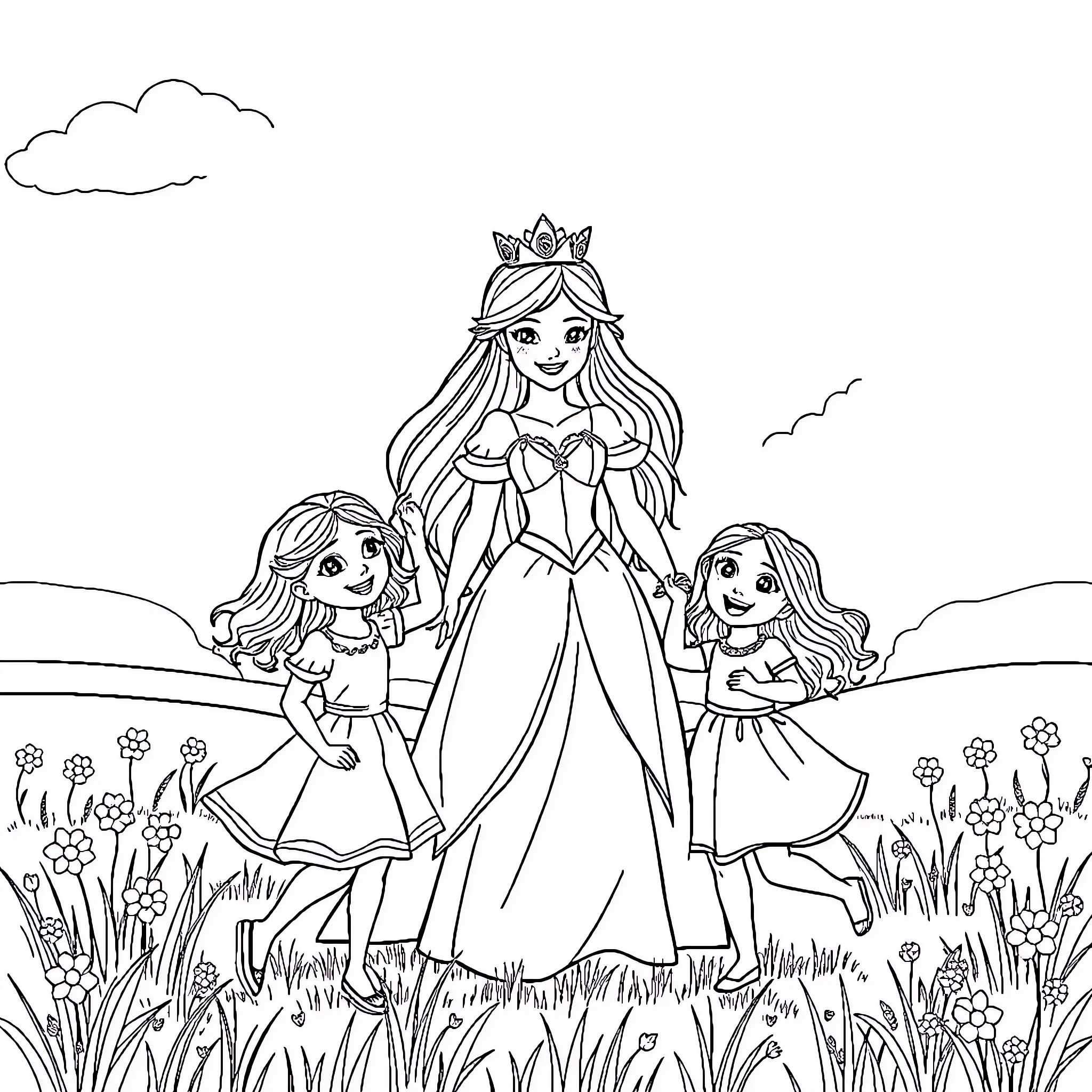 Princess and her Companions in a Meadow Coloring Page (free black-and-white line drawing printable PDF for all, from beginners to advanced learners, including children, teens, adults, and seniors)