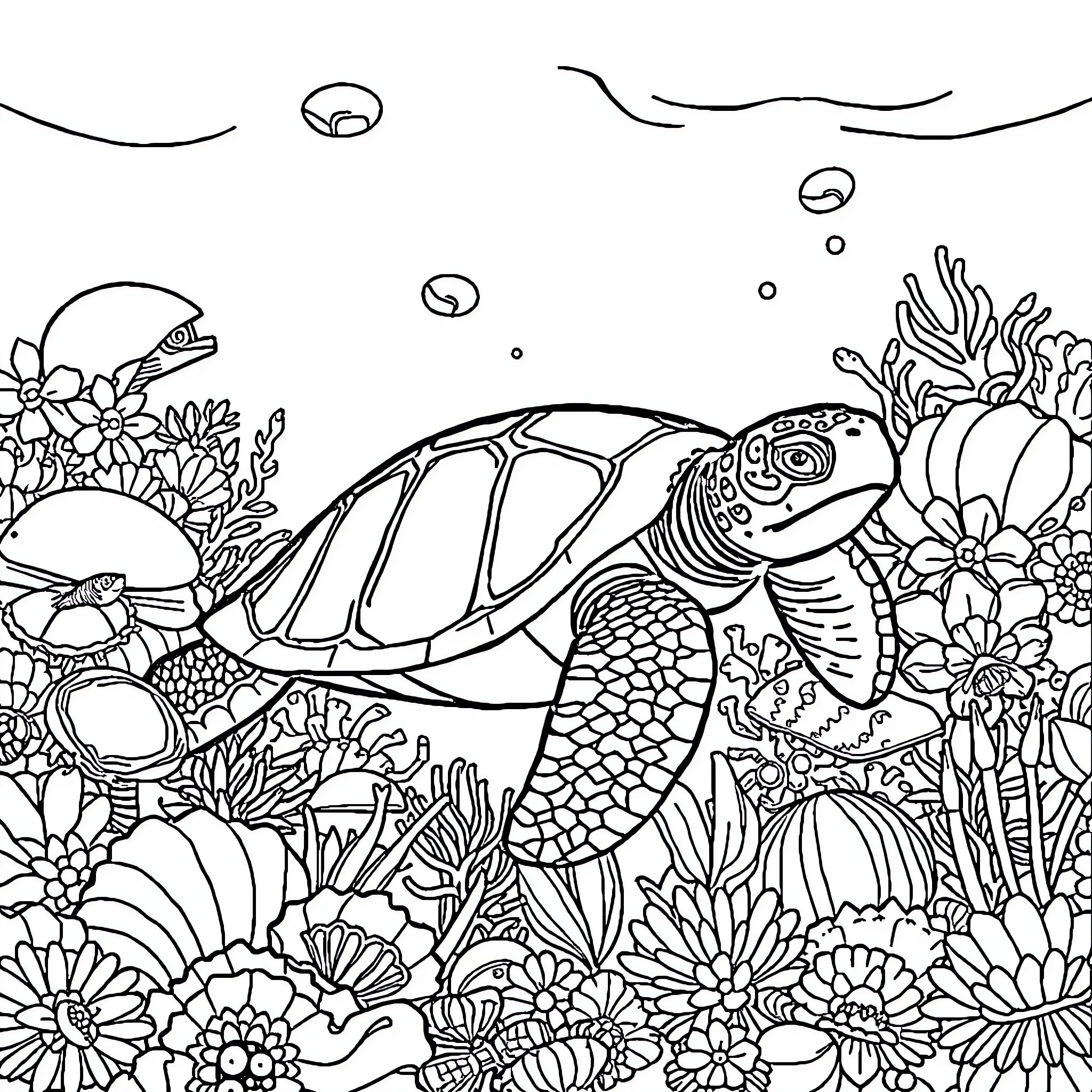 Turtle swimming through a vibrant underwater garden Coloring Page (free black-and-white line drawing printable PDF for all, from beginners to advanced learners, including children, teens, adults, and seniors)