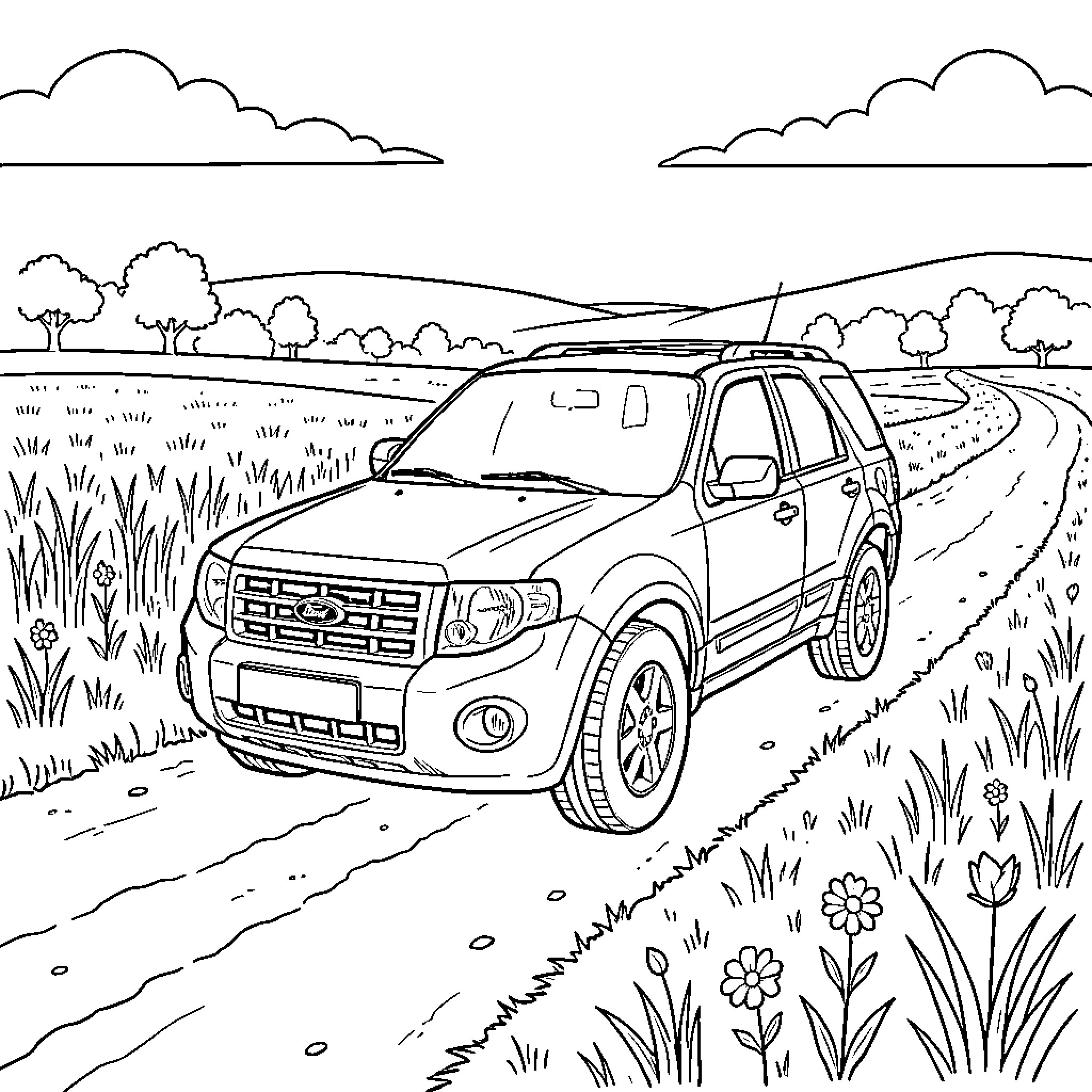 Ford Escape driving along a scenic country path Coloring Page (free black-and-white line drawing printable PDF for all, from beginners to advanced learners, including children, teens, adults, and seniors)