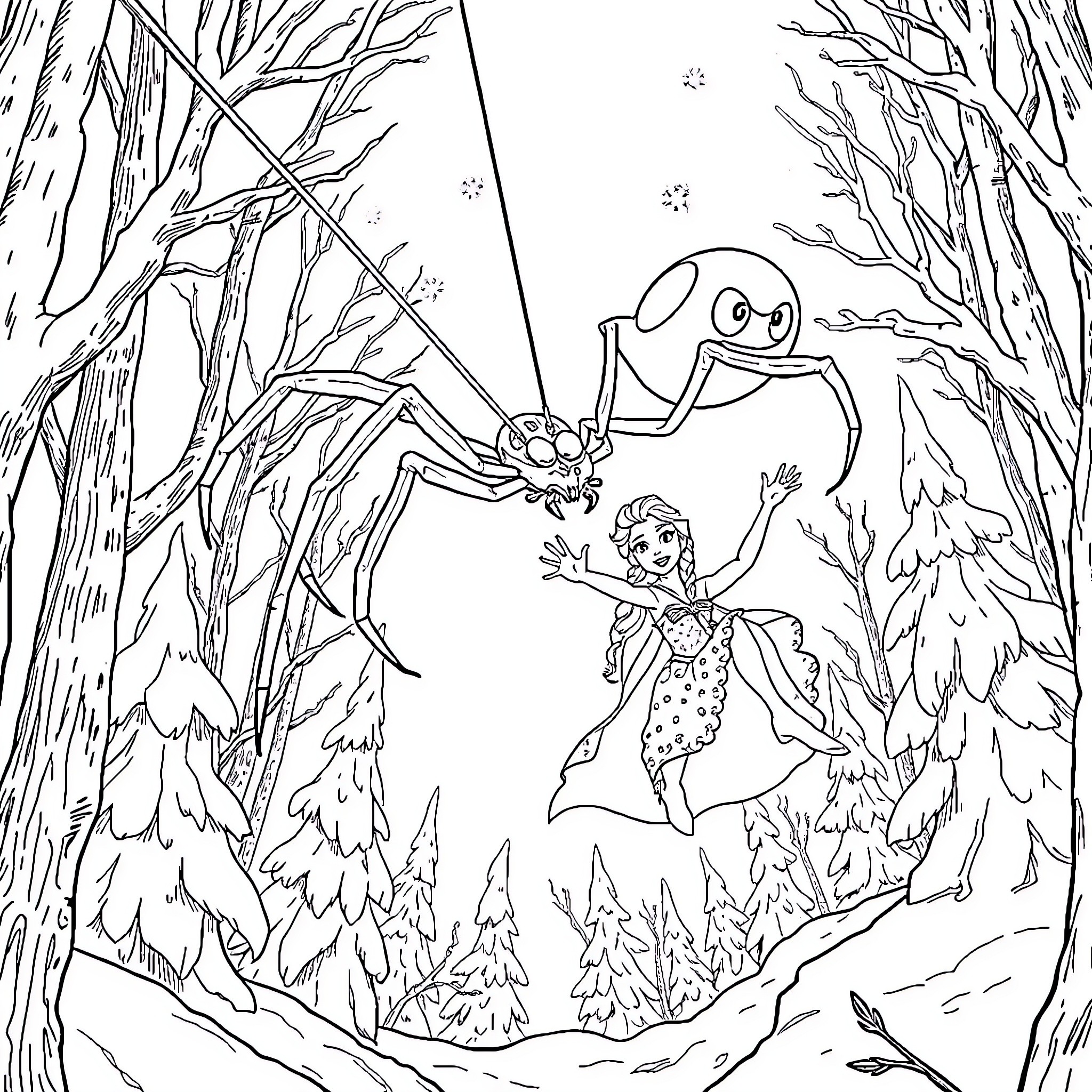 Ghost Spider playing with girl in the enchanted forest Coloring Page (free black-and-white line drawing printable PDF for all, from beginners to advanced learners, including children, teens, adults, and seniors)