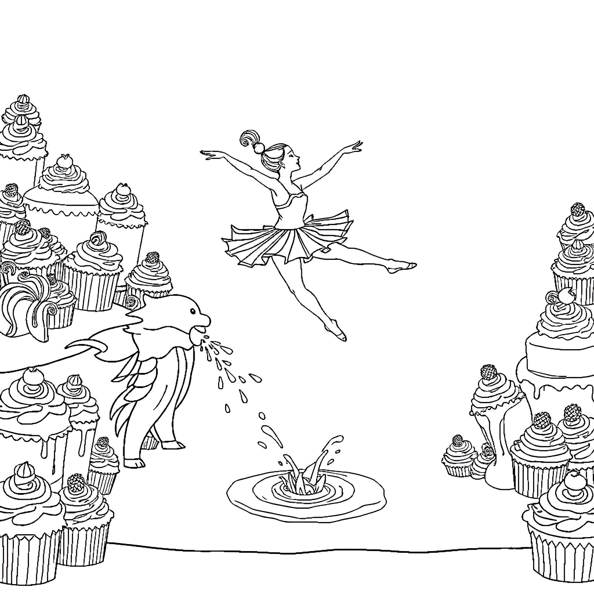 Ballerina dancing gracefully amidst whimsical cupcakes Coloring Page (free black-and-white line drawing printable PDF for all, from beginners to advanced learners, including children, teens, adults, and seniors)