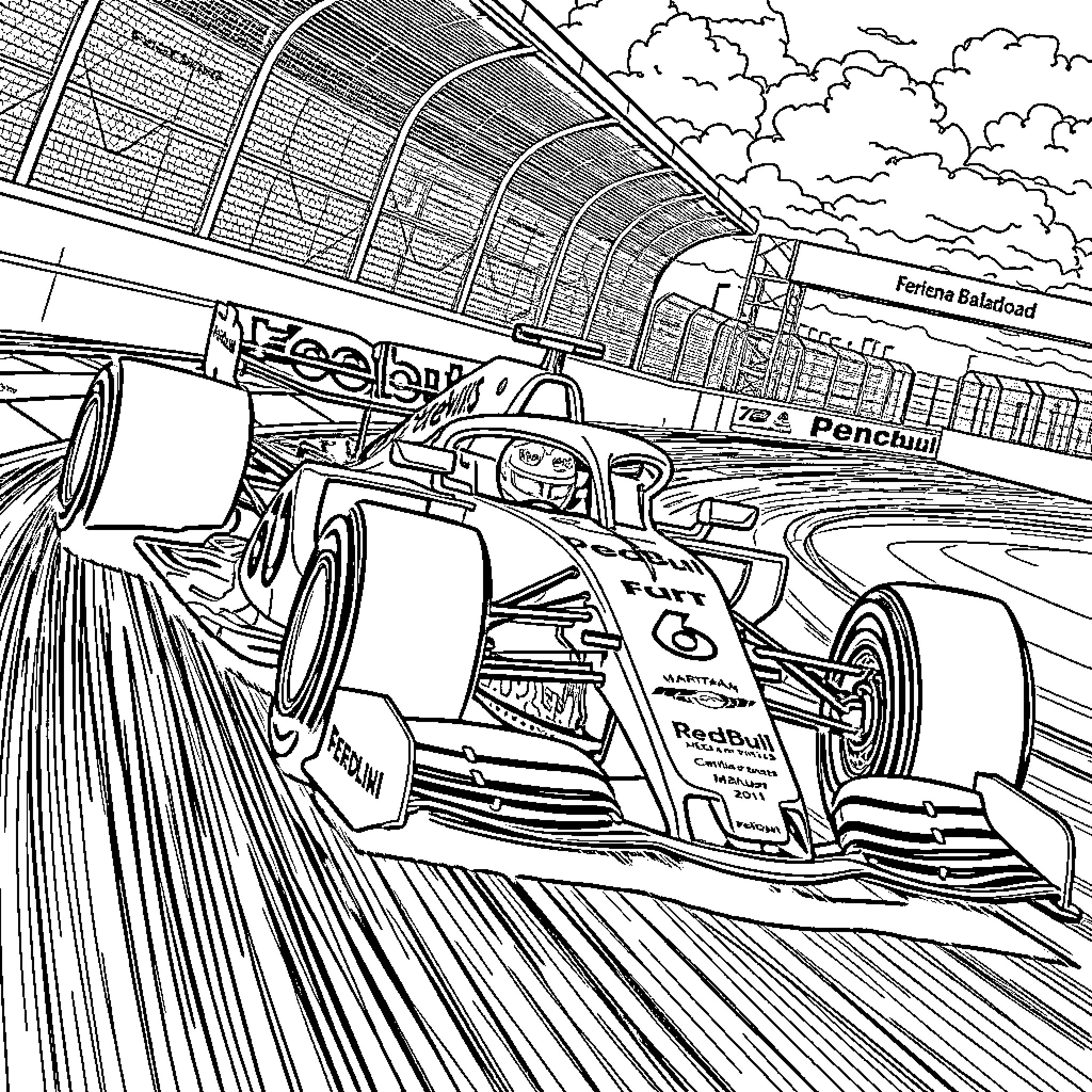 F1 Car Racing on Track with Pit Stop Garage Coloring Page (free black-and-white line drawing printable PDF for all, from beginners to advanced learners, including children, teens, adults, and seniors)