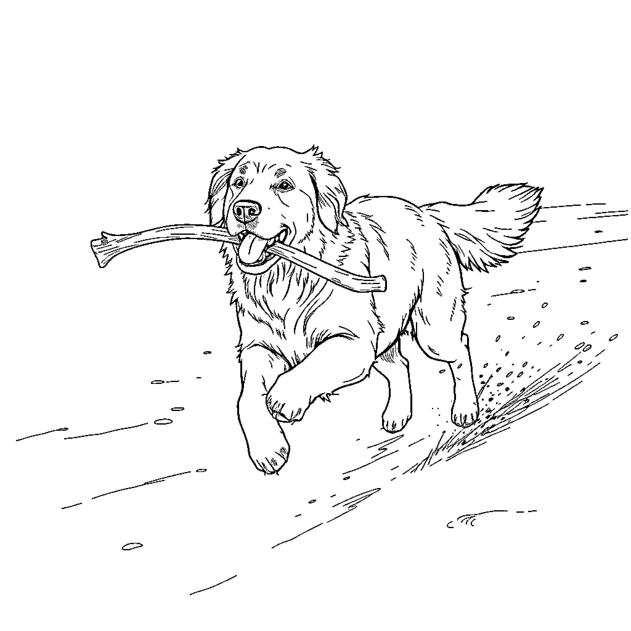 Retriever energetically fetching stick on beach Coloring Page (free black-and-white line drawing printable PDF for all, from beginners to advanced learners, including children, teens, adults, and seniors)