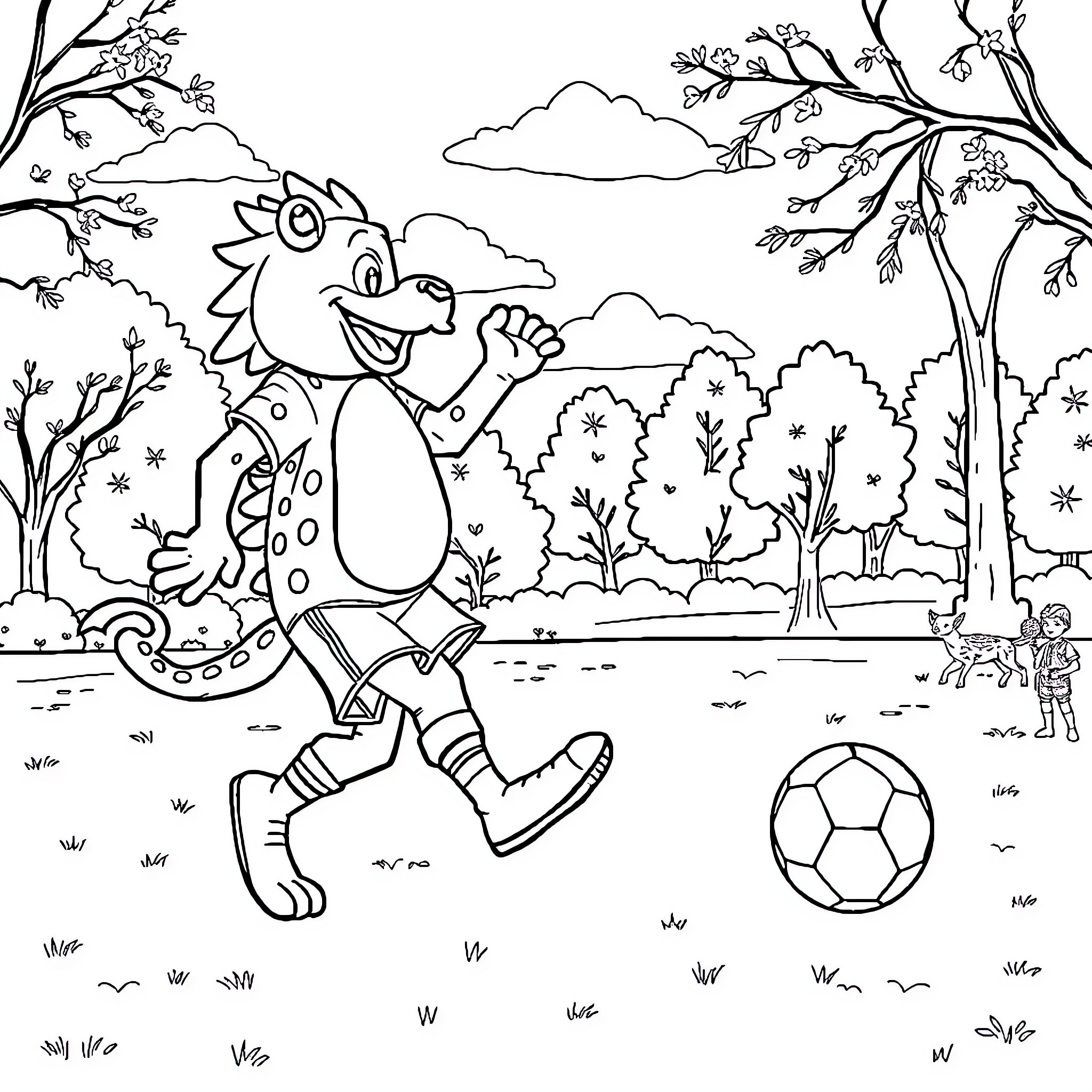 Beaver playing soccer in the forest Coloring Page (free black-and-white line drawing printable PDF for all, from beginners to advanced learners, including children, teens, adults, and seniors)
