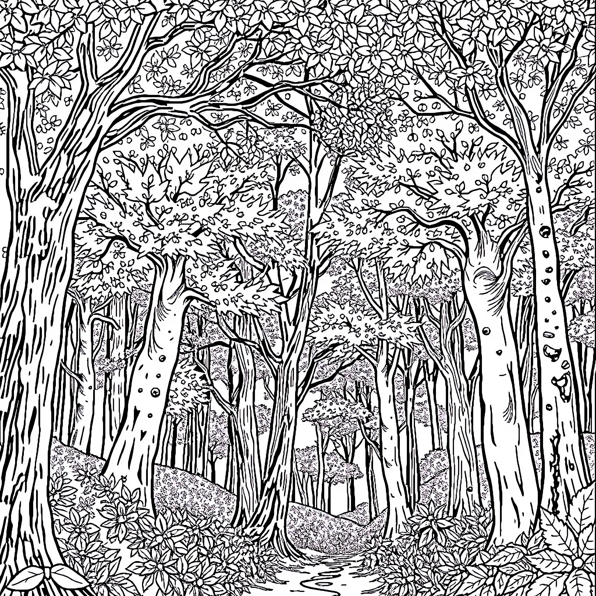 Enchanted Forest with Intricate Nature Scenery Coloring Page (free black-and-white line drawing printable PDF for all, from beginners to advanced learners, including children, teens, adults, and seniors)