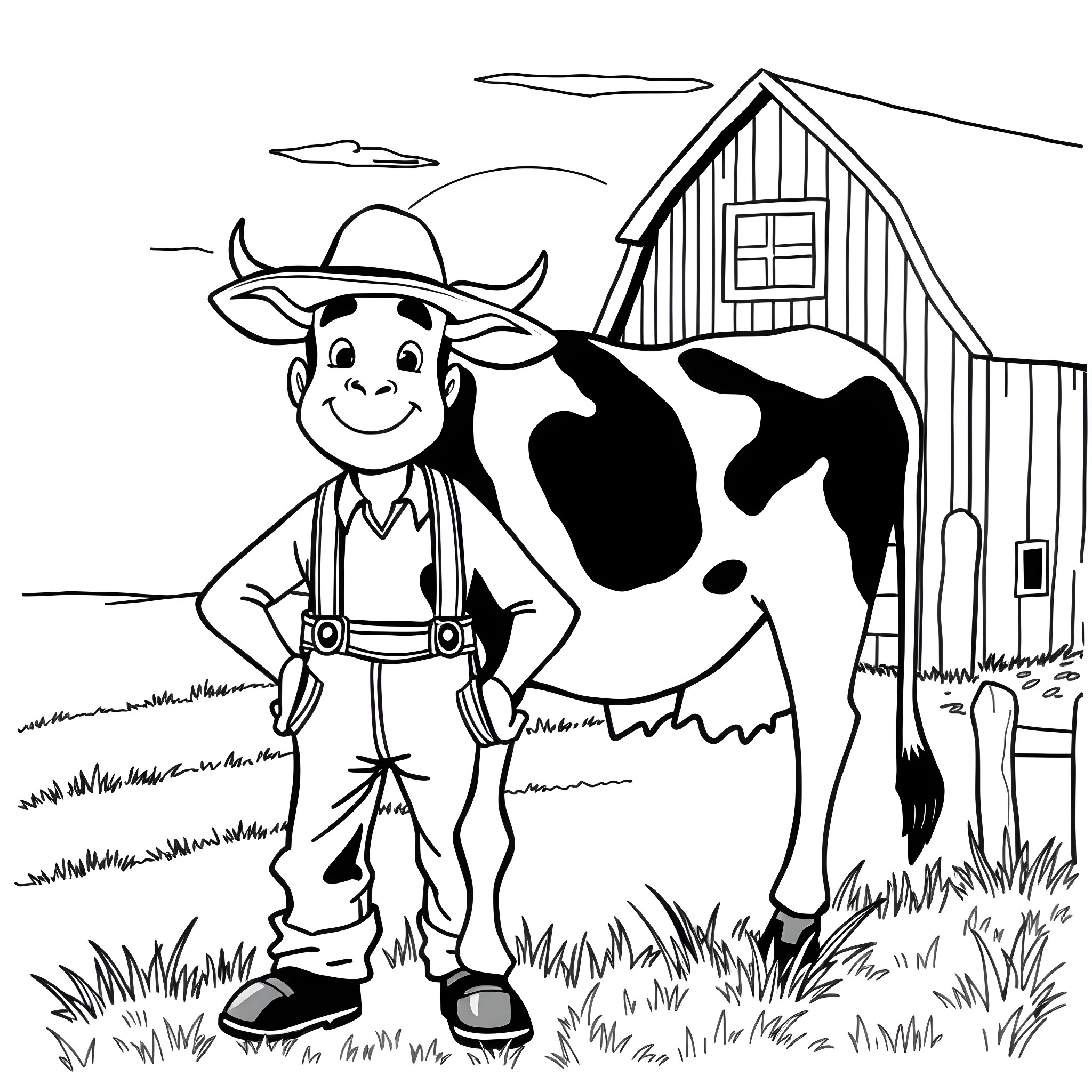 Cow farmer standing next to cow in front of barn Coloring Page (free black-and-white line drawing printable PDF for all, from beginners to advanced learners, including children, teens, adults, and seniors)