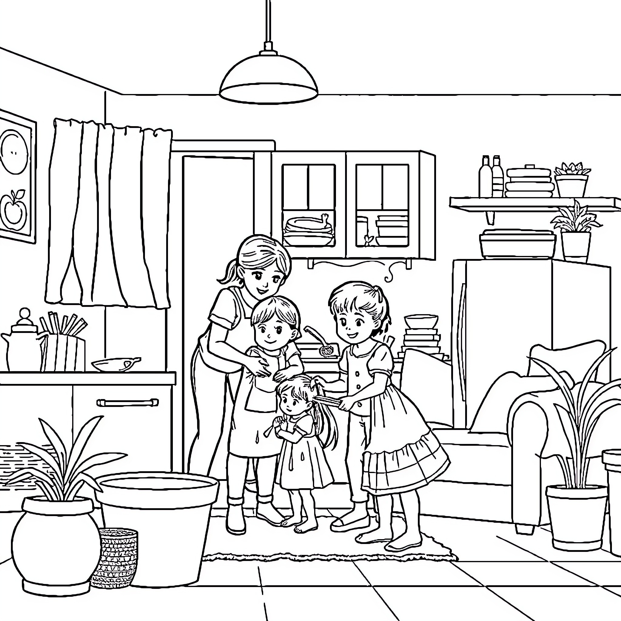 Family Enjoying Time Together in the Kitchen Coloring Page (free black-and-white line drawing printable PDF for all, from beginners to advanced learners, including children, teens, adults, and seniors)