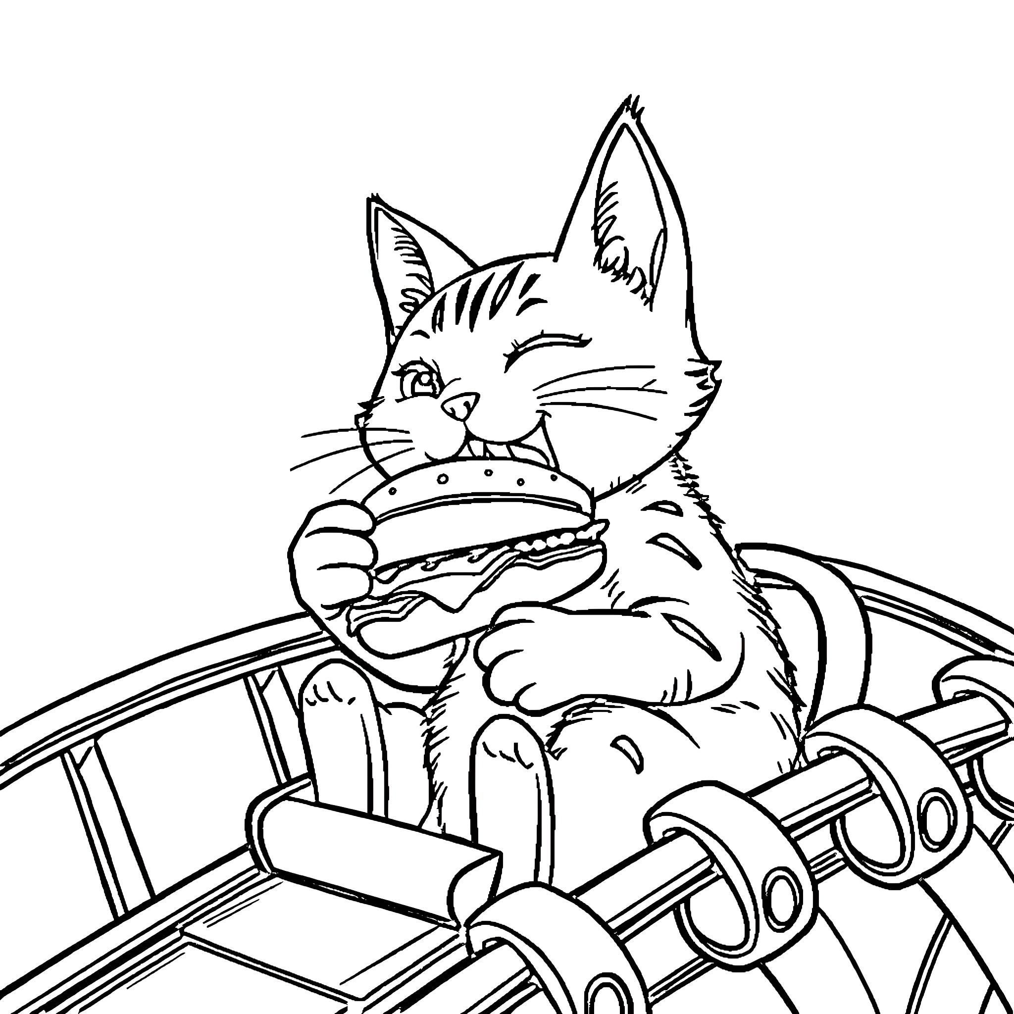 Cat driving an old car Coloring Page (free black-and-white line drawing printable PDF for all, from beginners to advanced learners, including children, teens, adults, and seniors)