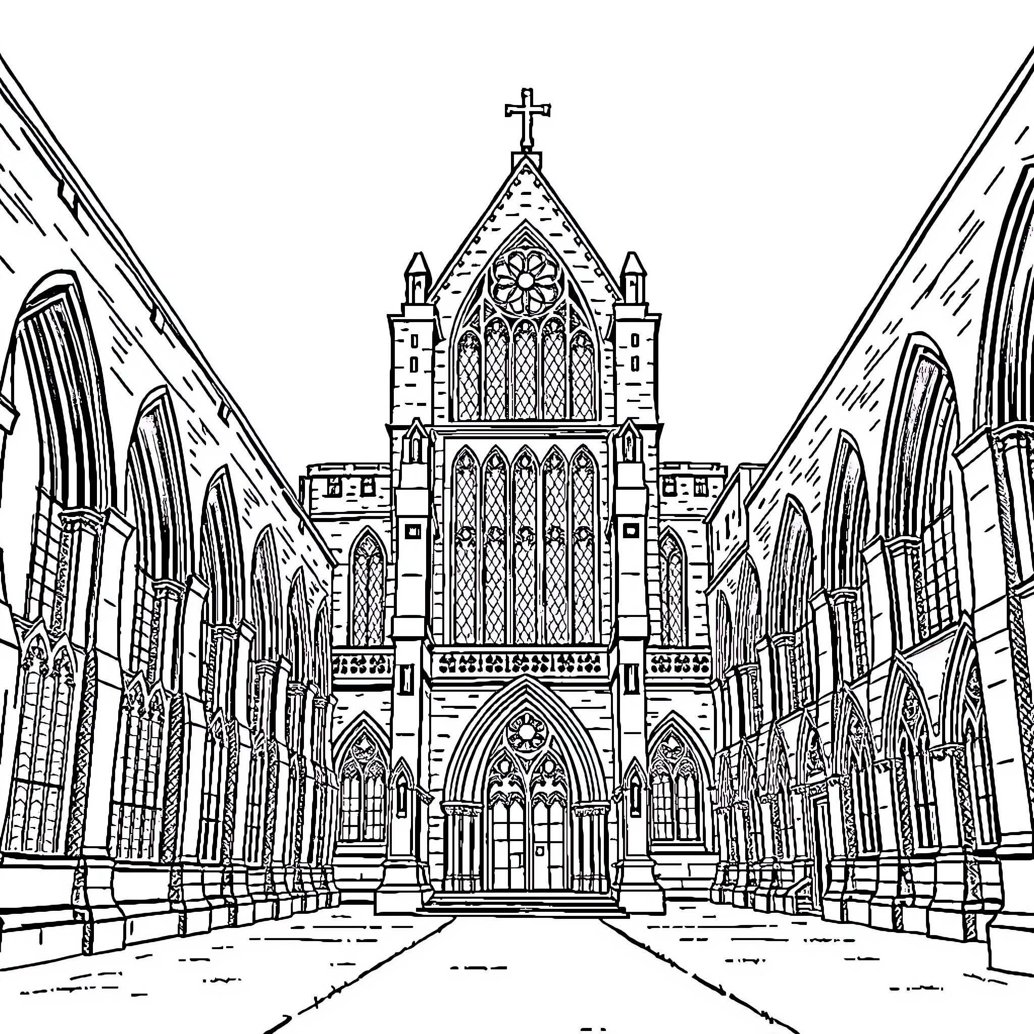 St Albans Abbey - Gothic architecture and ornate details Coloring Page (free black-and-white line drawing printable PDF for all, from beginners to advanced learners, including children, teens, adults, and seniors)