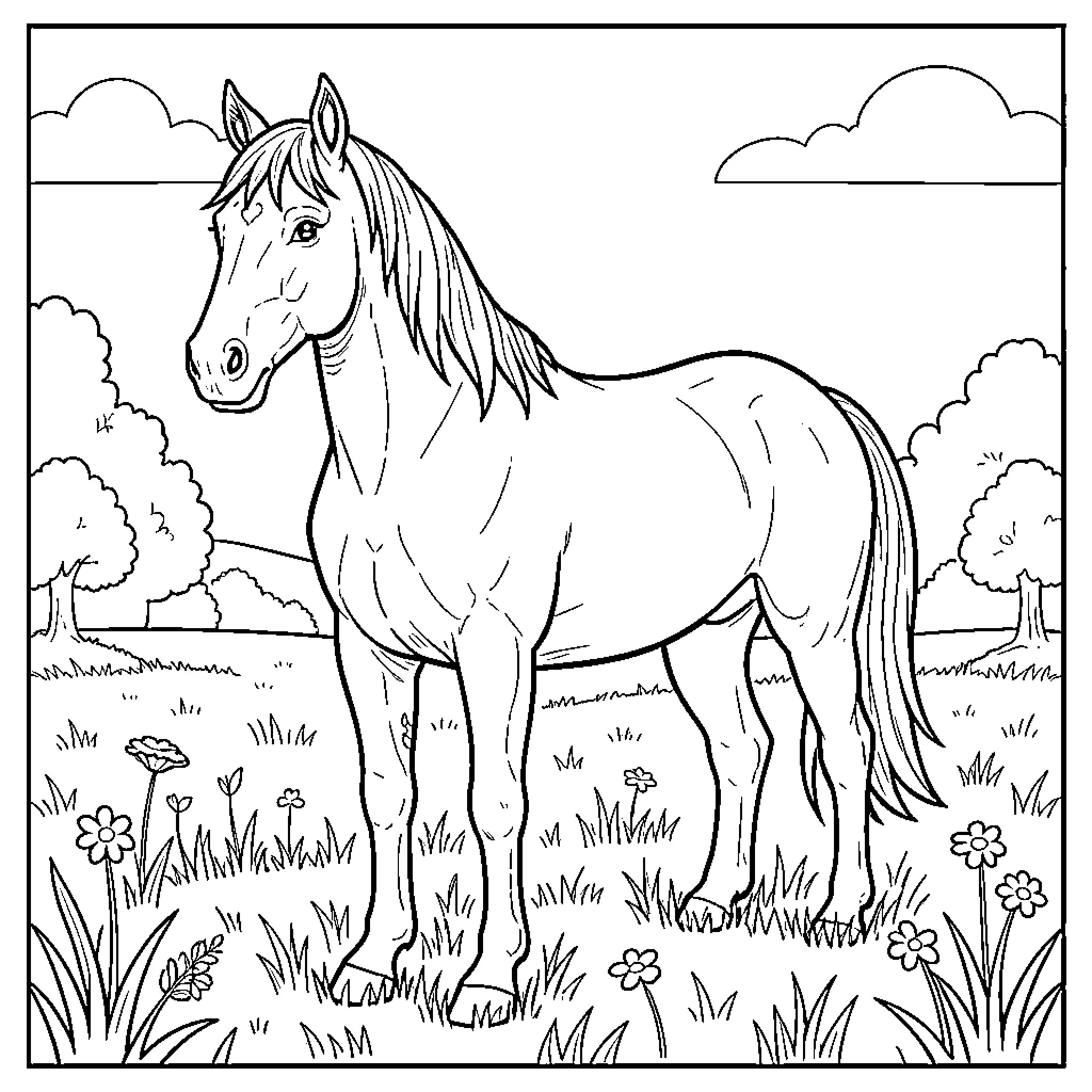 Horse standing in natural landscape Coloring Page (free black-and-white line drawing printable PDF for all, from beginners to advanced learners, including children, teens, adults, and seniors)