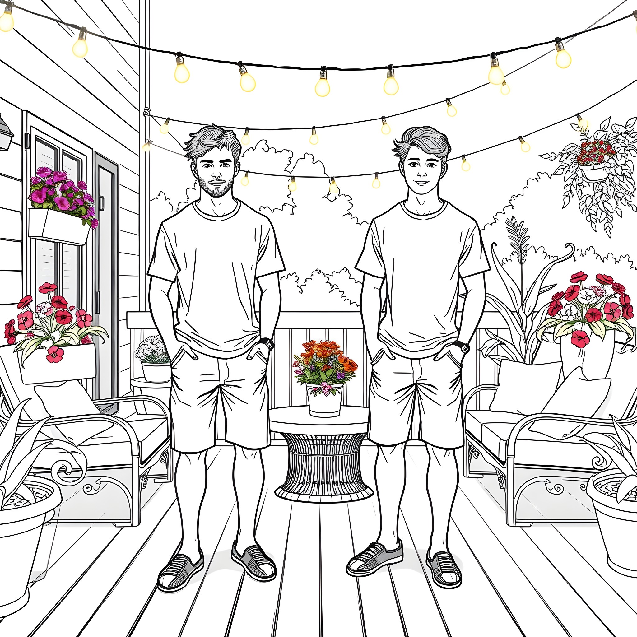 Teen Guys Enjoying the Cozy Garden Scenery Coloring Page (free black-and-white line drawing printable PDF for all, from beginners to advanced learners, including children, teens, adults, and seniors)