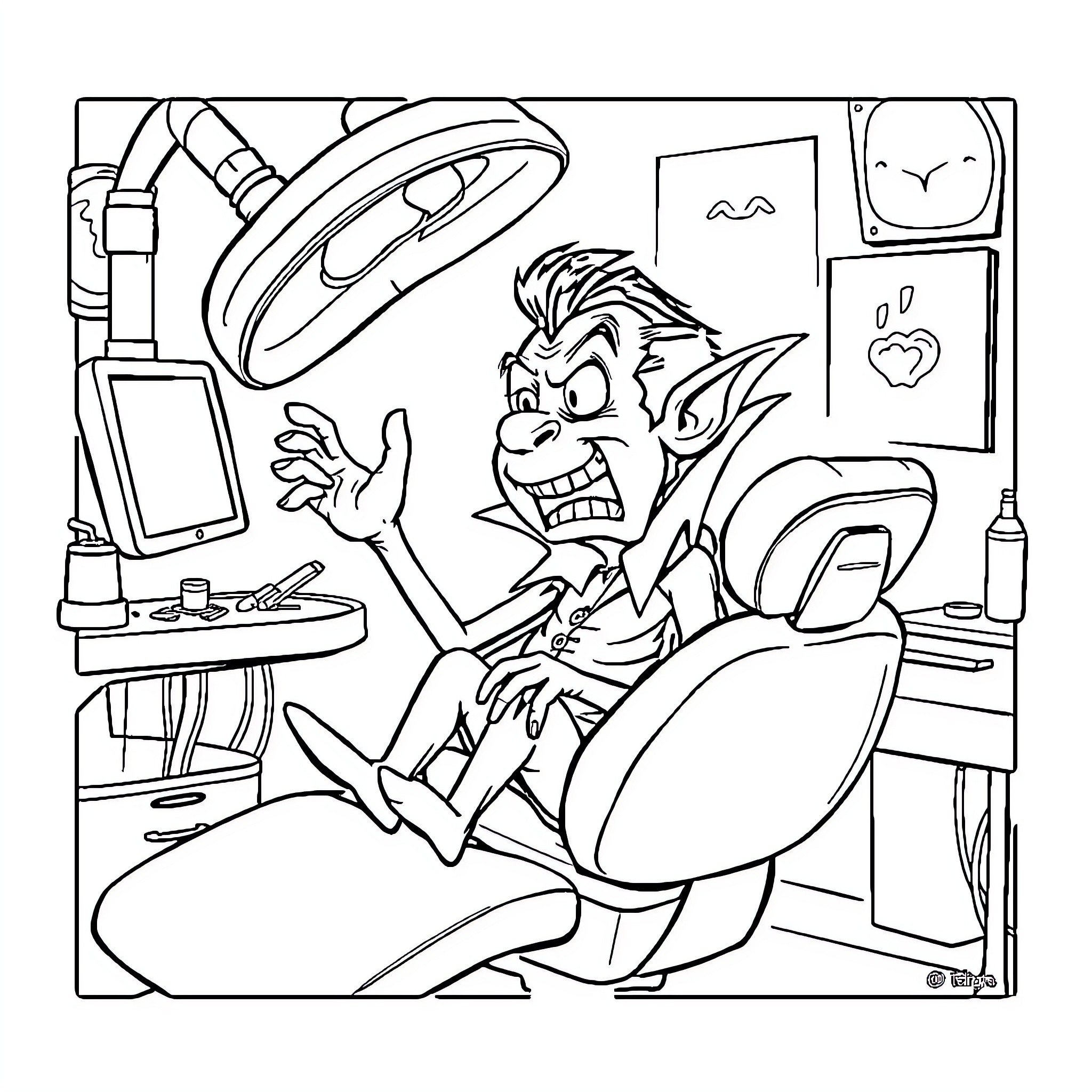 Vampire Dentist Comically Examining Patient Coloring Page (free black-and-white line drawing printable PDF for all, from beginners to advanced learners, including children, teens, adults, and seniors)
