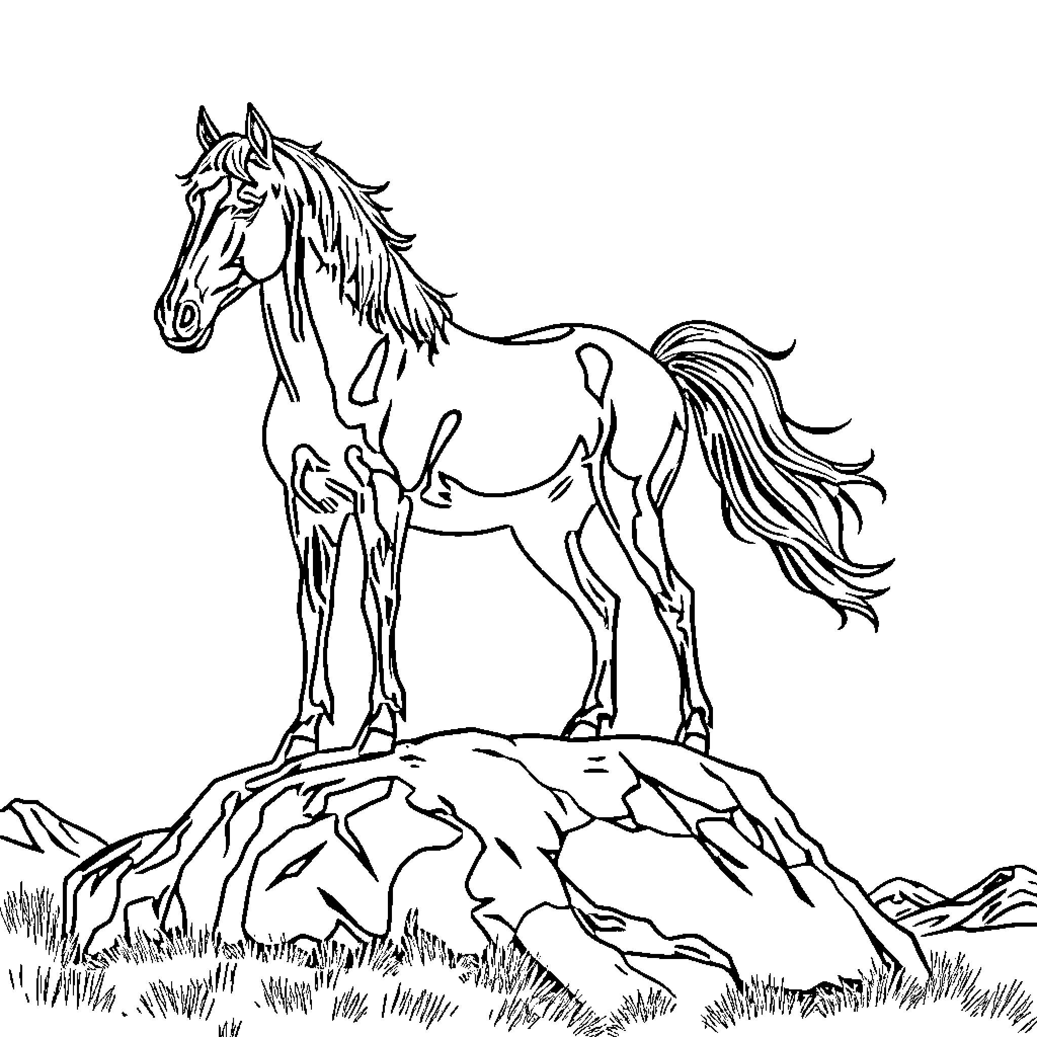 Horse standing proudly on a rocky outcrop Coloring Page (free black-and-white line drawing printable PDF for all, from beginners to advanced learners, including children, teens, adults, and seniors)