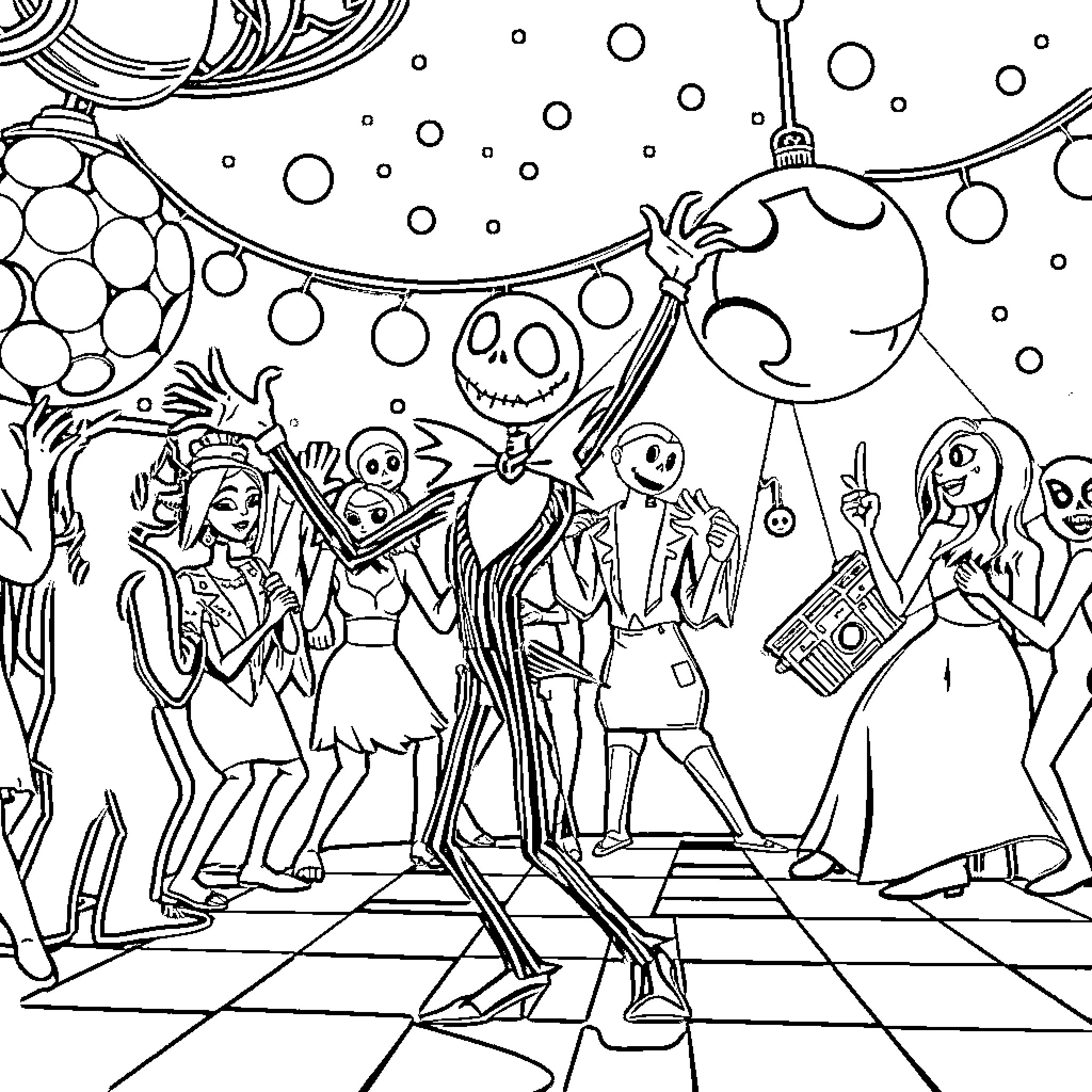 Jack Skellington and friends at a festive celebration Coloring Page (free black-and-white line drawing printable PDF for all, from beginners to advanced learners, including children, teens, adults, and seniors)