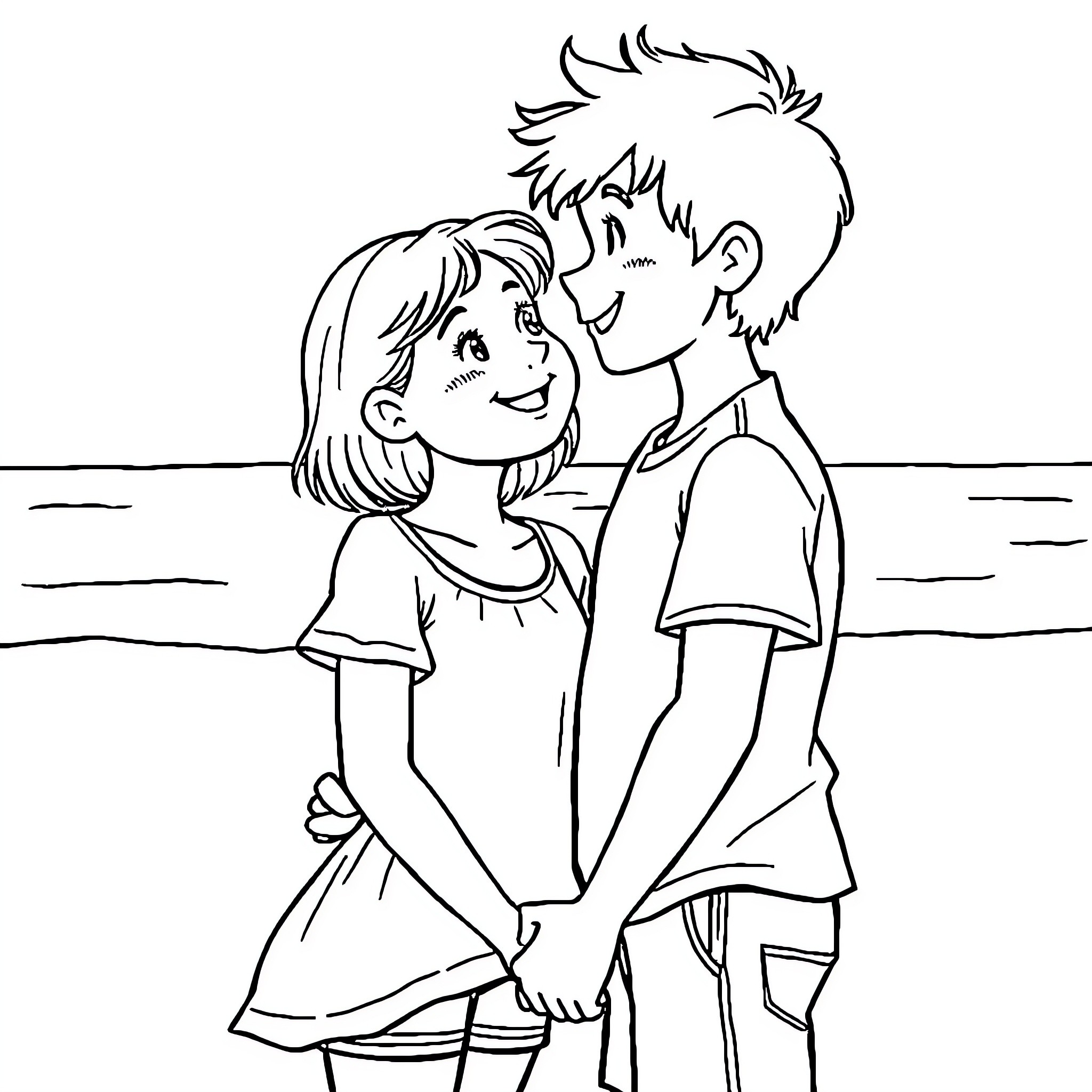 Girl and Boy Holding Hands at the Beach Coloring Page (free black-and-white line drawing printable PDF for all, from beginners to advanced learners, including children, teens, adults, and seniors)