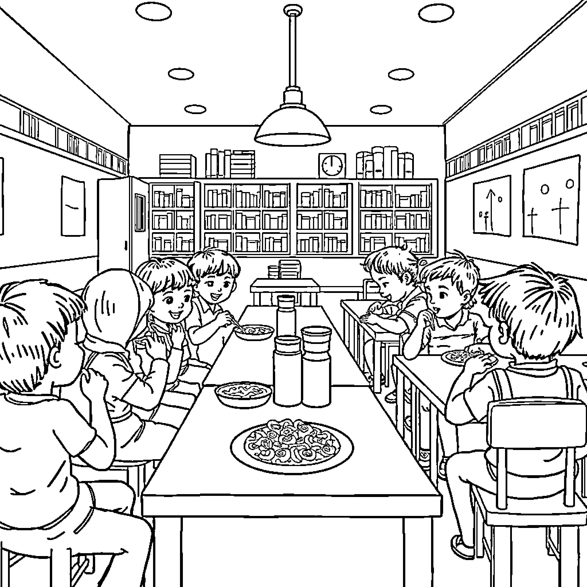 Italian children dining and socializing in a cozy library Coloring Page (free black-and-white line drawing printable PDF for all, from beginners to advanced learners, including children, teens, adults, and seniors)