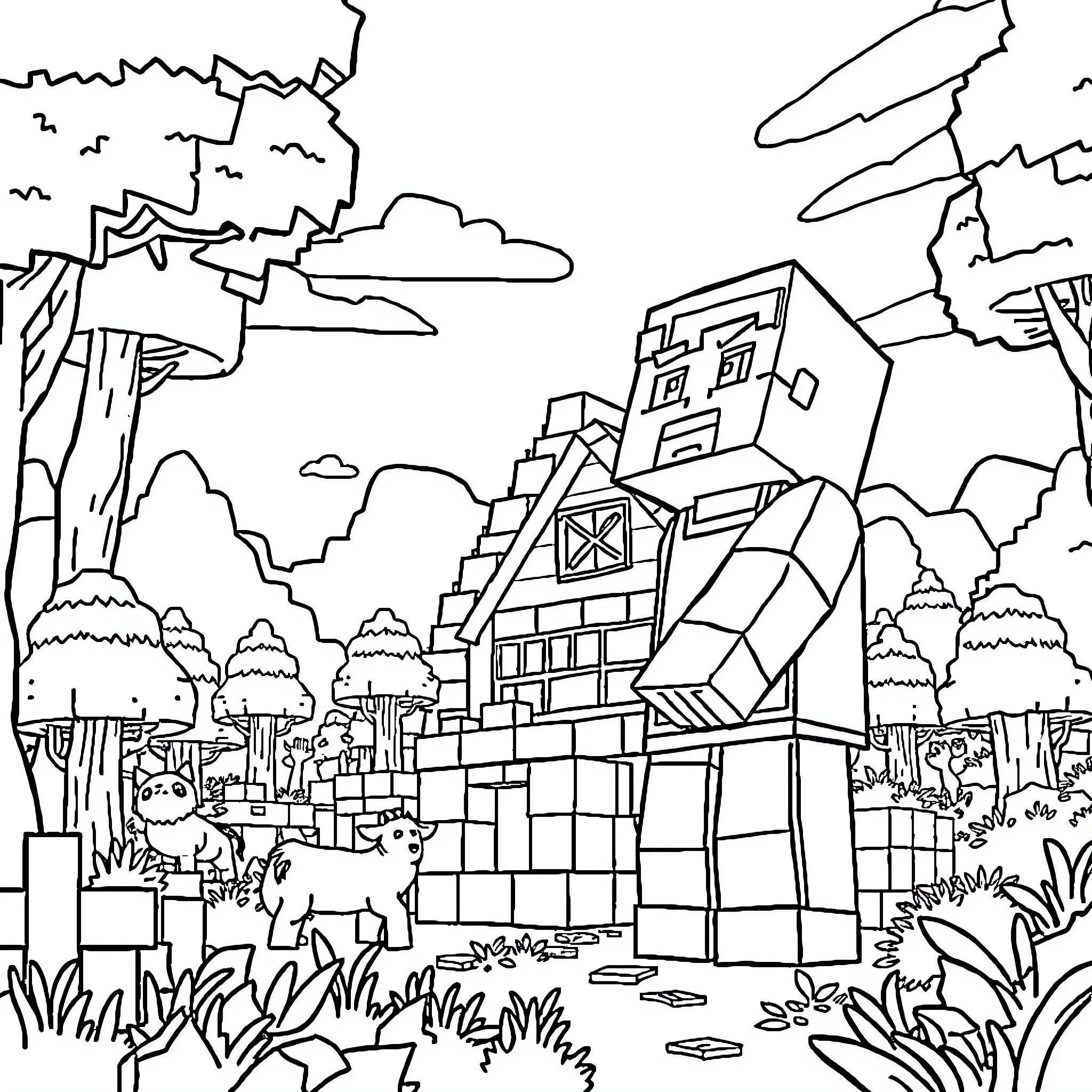 Steve's Minecraft Adventure in the Countryside Coloring Page (free black-and-white line drawing printable PDF for all, from beginners to advanced learners, including children, teens, adults, and seniors)