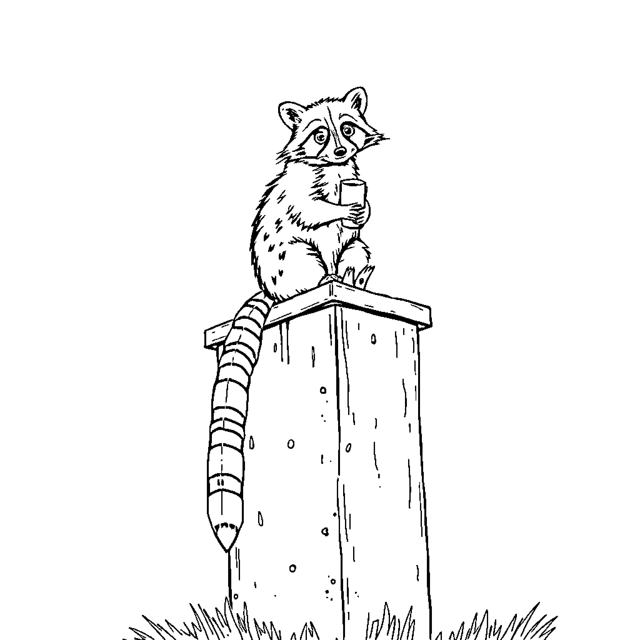 Raccoon balancing on a wooden post Coloring Page (free black-and-white line drawing printable PDF for all, from beginners to advanced learners, including children, teens, adults, and seniors)