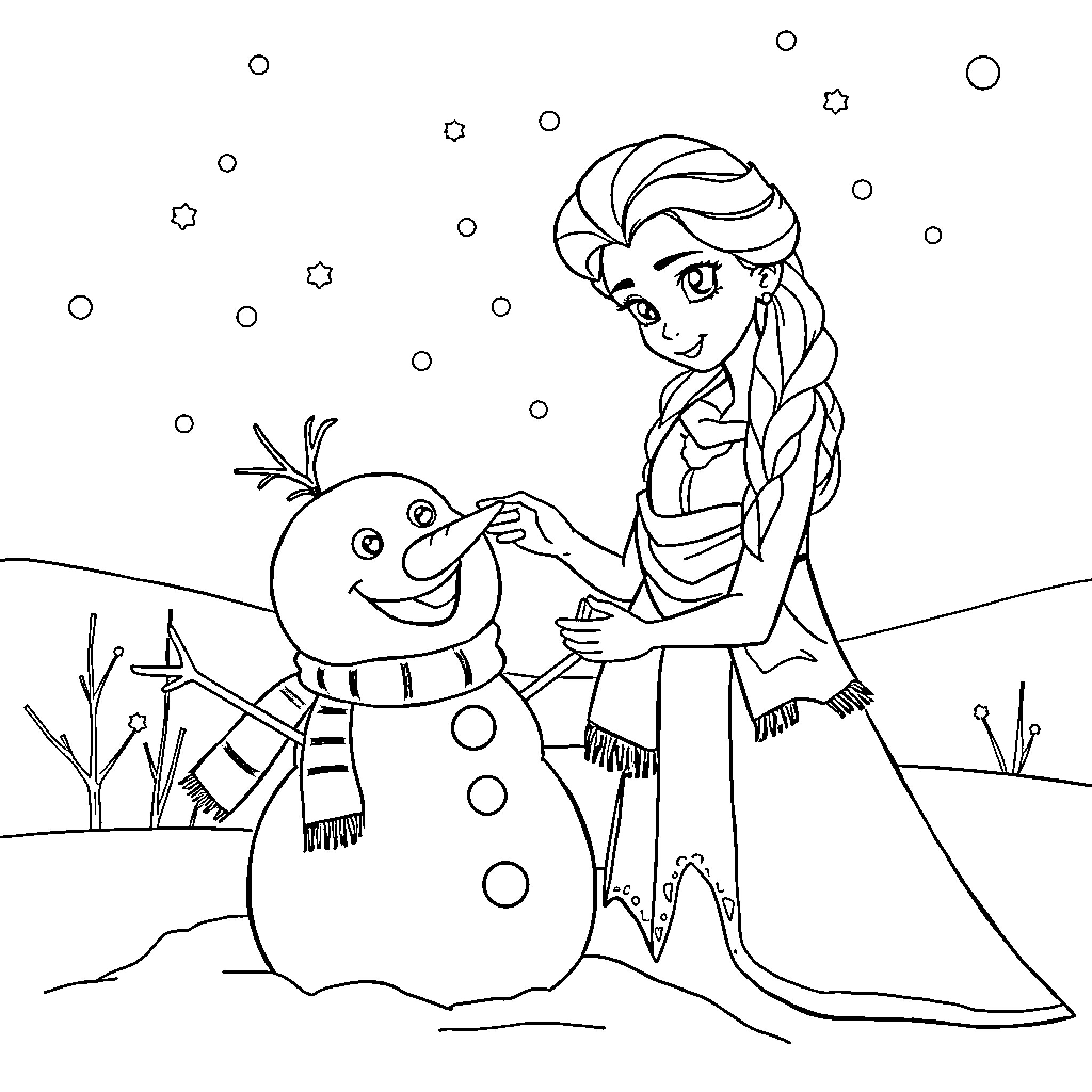 Elsa building a cheerful snowman in the winter landscape Coloring Page (free black-and-white line drawing printable PDF for all, from beginners to advanced learners, including children, teens, adults, and seniors)